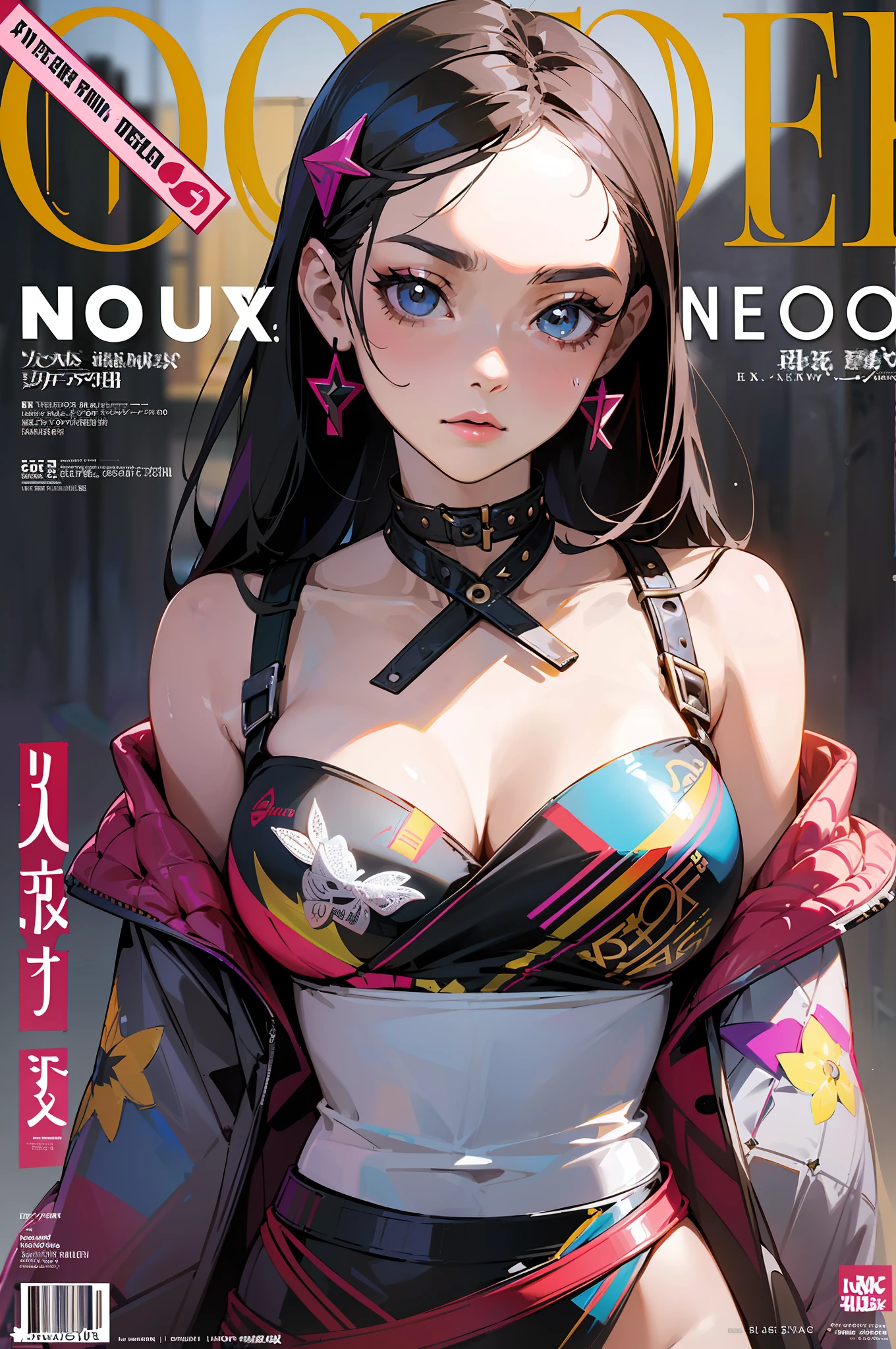 official art,((magazine cover, bold text title, news piece, fashion statement)),vogue, 1girl, masterpiece, sharp focus, (beautiful gorgeous fashionista woman:1.3), realistic details, photo studio lighting, light box, simple background, ultra detailed, beautiful girl, randomwear, street wear, street fashion, elegant, delicate , majestic, --auto --s2