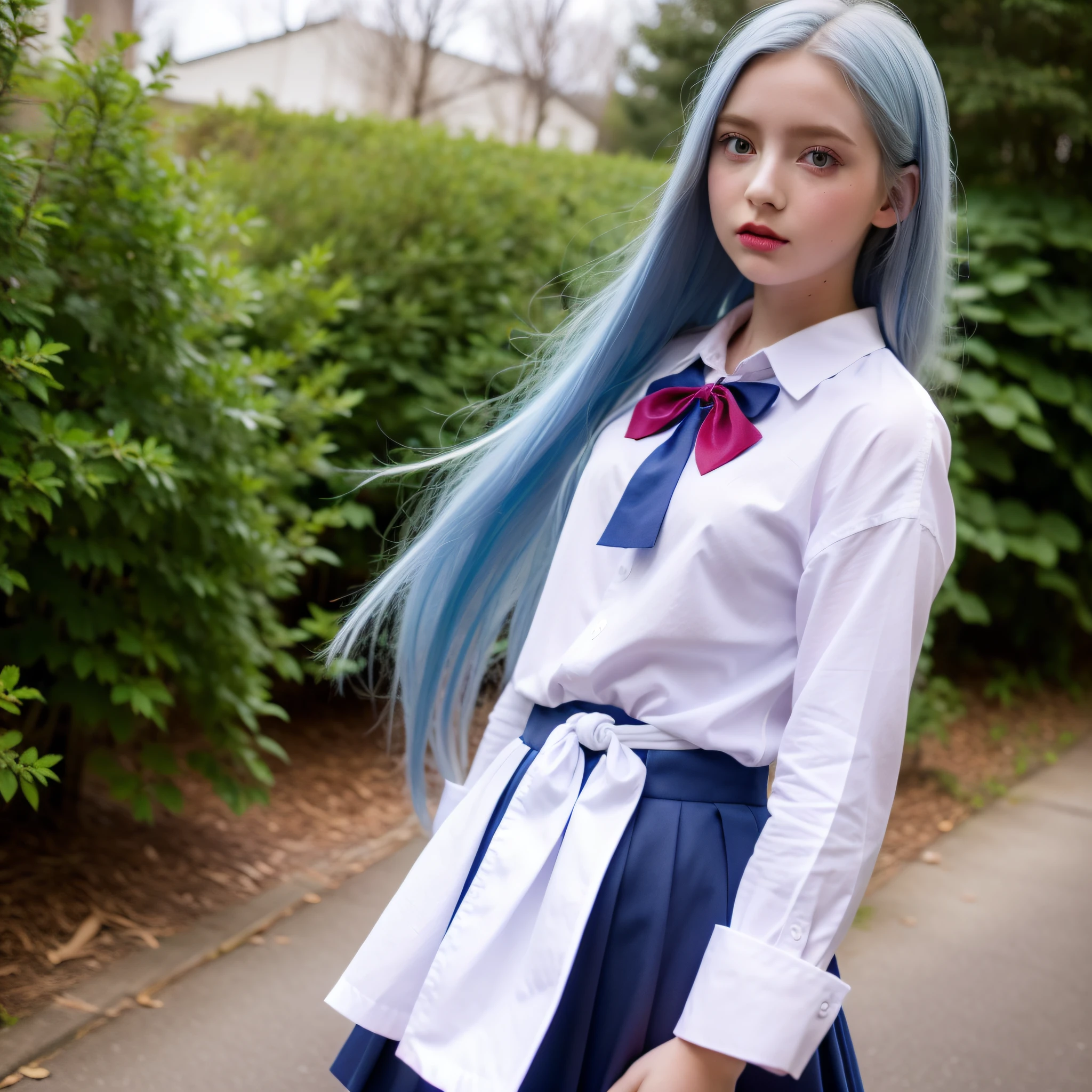 white girl 14 years realistic,beautiful,with long light blue hair to the waist,red lipstick,pink cheek,big blue eyes blue well together horizontally to the nose, school clothes white blouse with red bow and navy blue skirt,full body, , on blurry background in 10k resolution
