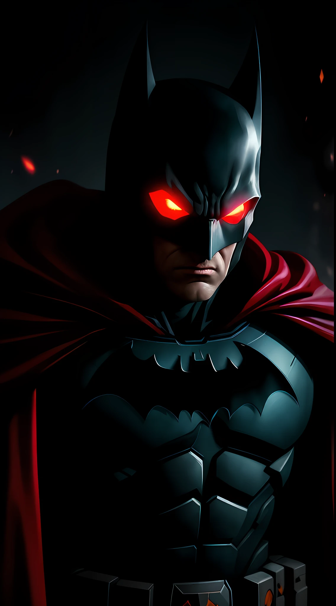 (dark shot: 1.1), epic realistic, Batman in the dark with glowing red eyes and glowing cape, soft cinematic light, Adobe Lightroom, darkroom, HDR, intricate, highly detailed, (depth of field: 1.4), hyper-detail (artstation: 1.4), cinematic, warm light, dramatic light (complex details: 1.1)