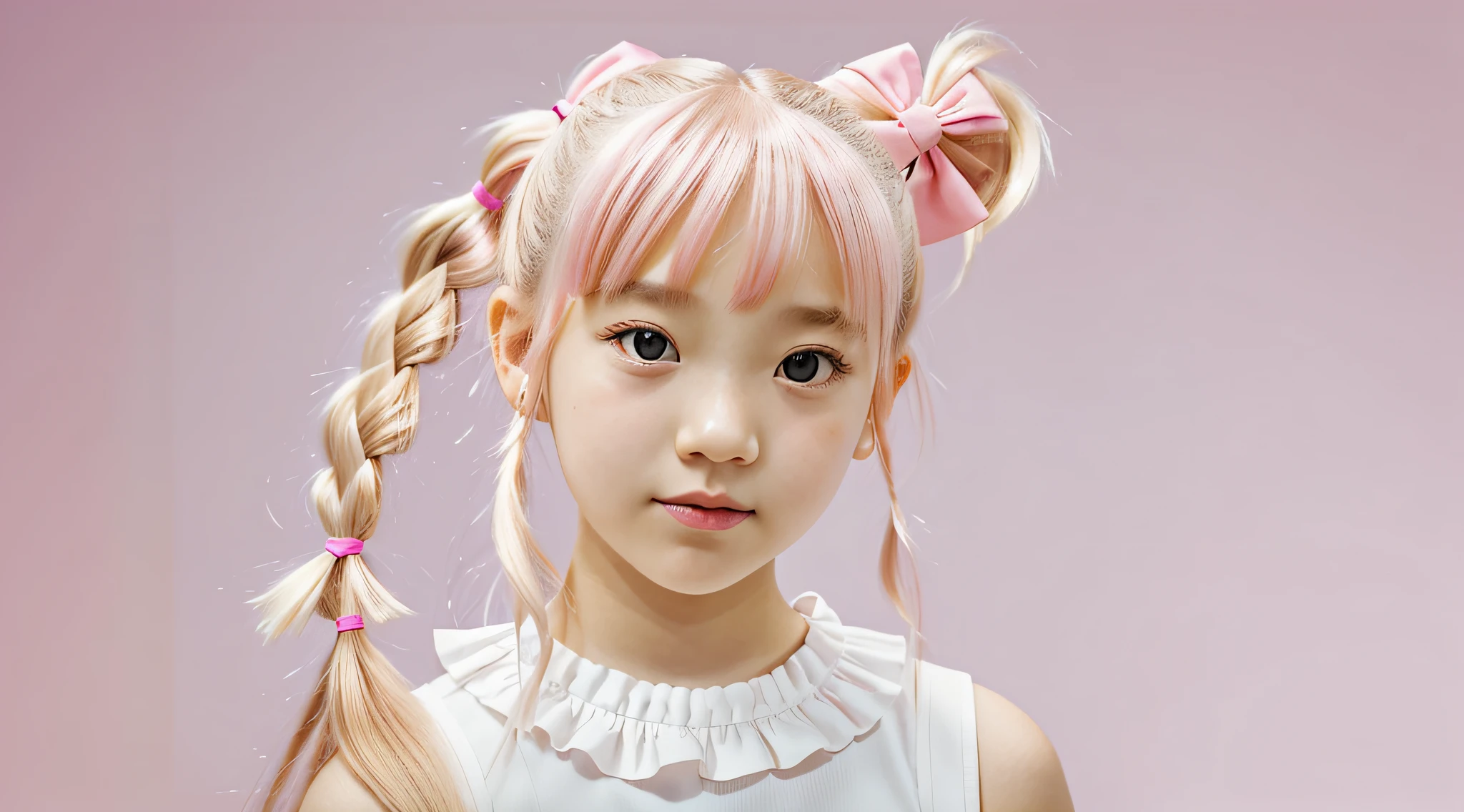 there is a young girl with a pink bow on her head, twintails hairstyle, pigtails hairstyle, two pigtails hairstyle, blond hair with pigtails, curly bangs and ponytail, lalisa manobal, pigtail, wearing pink hair bow, pigtails hair, pigtails, hair in pigtails, kawaii playful pose of a dancer, 'white background'!!!
