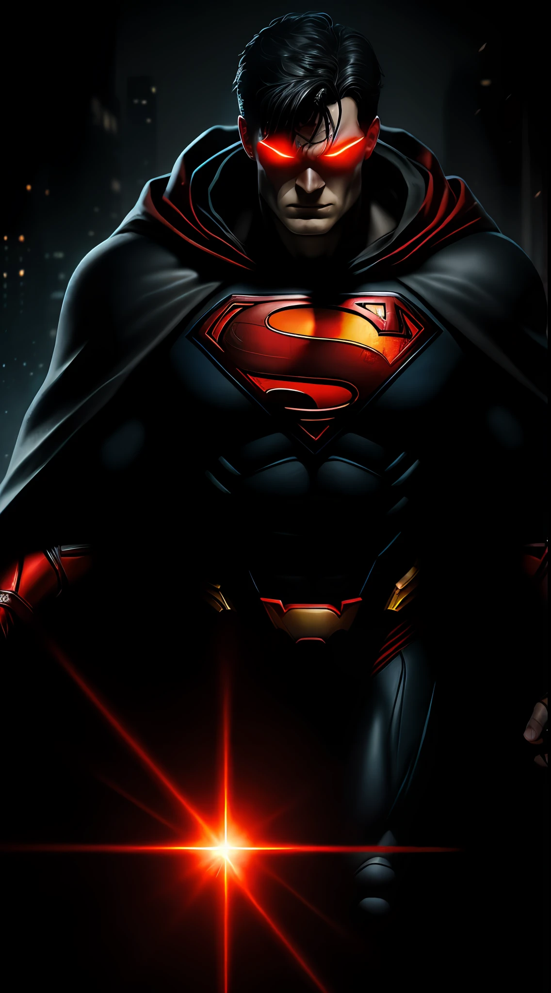 (dark shot: 1.1), epic realistic, Superman in the dark with glowing red eyes and glowing cape, soft cinematic light, Adobe Lightroom, darkroom, HDR, intricate, highly detailed, (depth of field: 1.4), hyper-detail (artstation: 1.4), cinematic, warm light, dramatic light (complex details: 1.1)