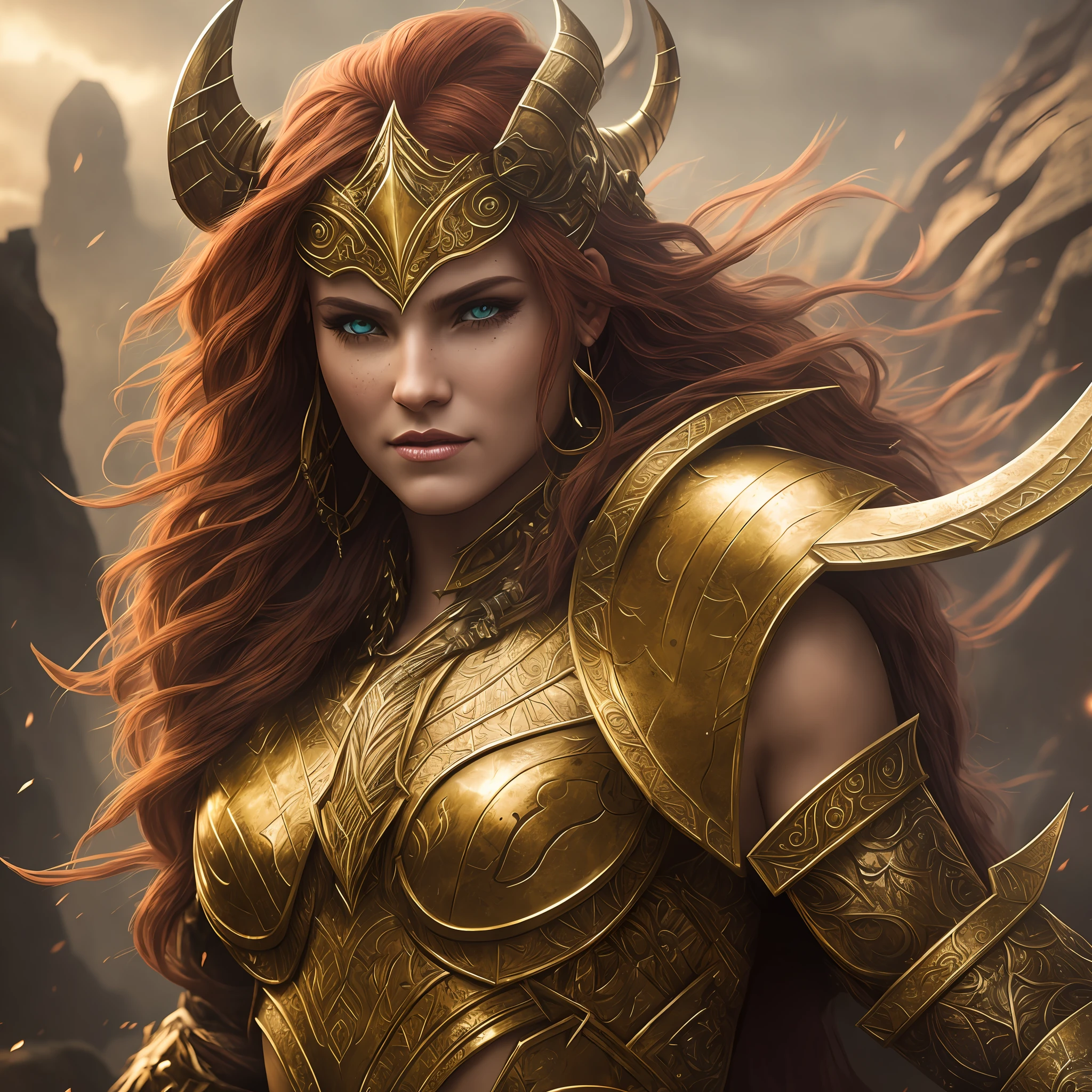 Golden armor, potrait berserker, barbarian woman, fantasy art, from her gaze alone enemies starting to panic, a head, devilish smile, beast of hell, demon, sky of white fire, warrior, with sickle and shield, beautiful, Werelion, long red hair braided, bright golden eyes, realistic, highly detailed, Unreal Engine, 8k-upscale --auto --s2