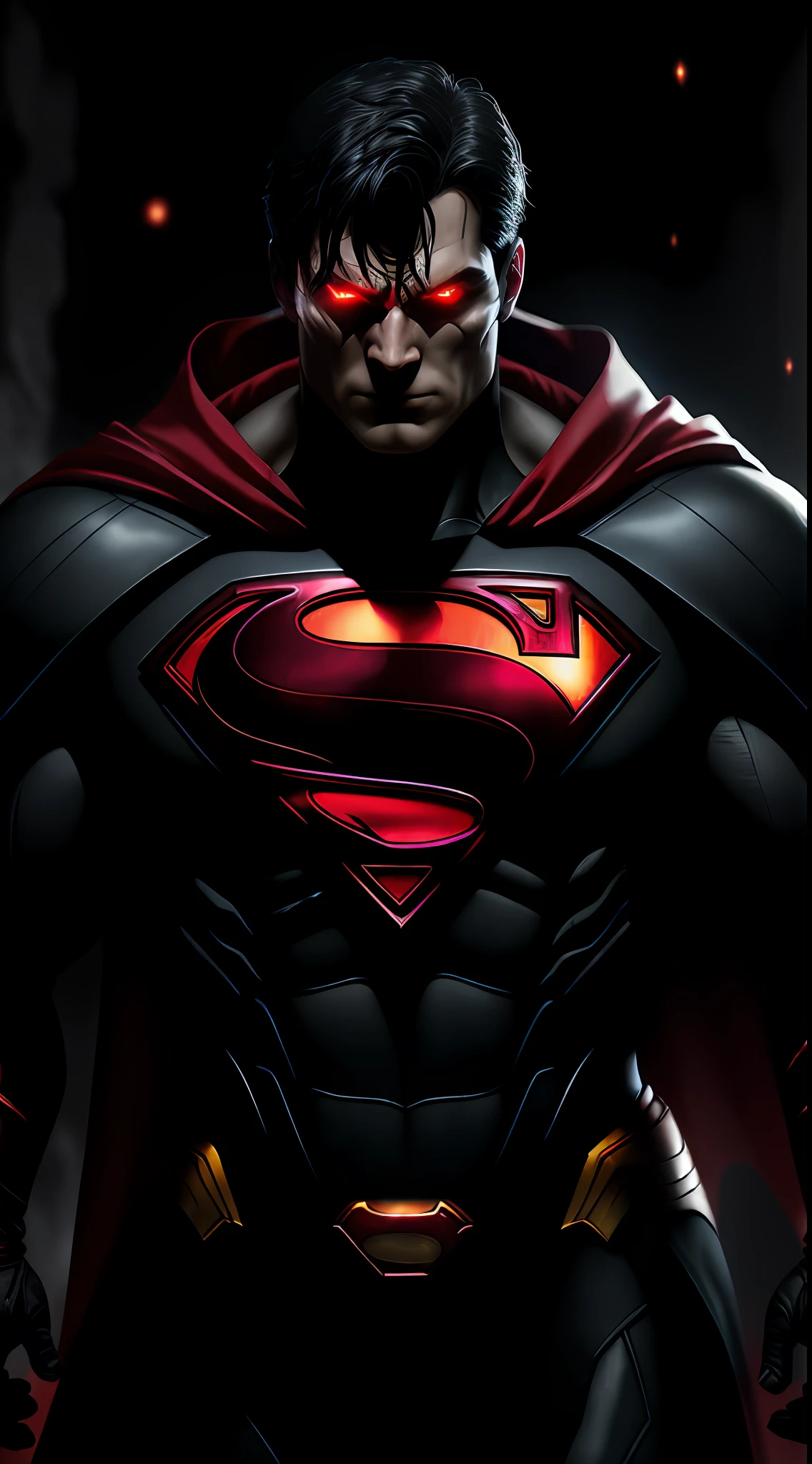 (dark shot: 1.1), epic realistic, Superman in the dark with glowing red eyes and glowing cape, soft cinematic light, Adobe Lightroom, darkroom, HDR, intricate, highly detailed, (depth of field: 1.4), hyper-detail (artstation: 1.4), cinematic, warm light, dramatic light (complex details: 1.1)