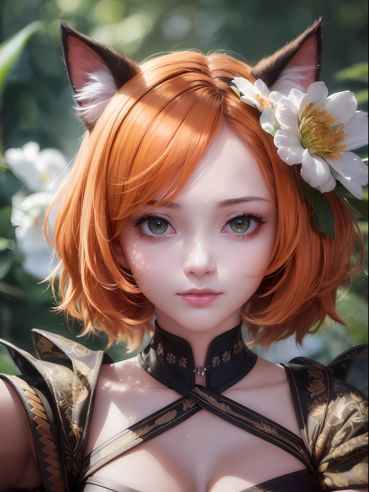 ((masterpiece)), (ultra high res,photorealistic,realistic,best quality,photo-realistic), (((high detailed skin,visible pores))),(real person,photograph), (8k, raw photo, best quality, masterpiece),(1 cute girl),(bob cut), (short orange hair), ((cat ear)), ((Japanese clothes)), Japan, sakura, flowers, ((covers the face)), (green eyes), (orange tail), naked, automatic white balance, (((face close-up))), ((((looking at viewer)))), SFW, dynamic hair, highly detailed, more details, cinematic atmosphere, recise correct anatomy, epic scene, global illumination, detailed and intricate environment, modelshoot style, 8K UHD, concept art, octane render