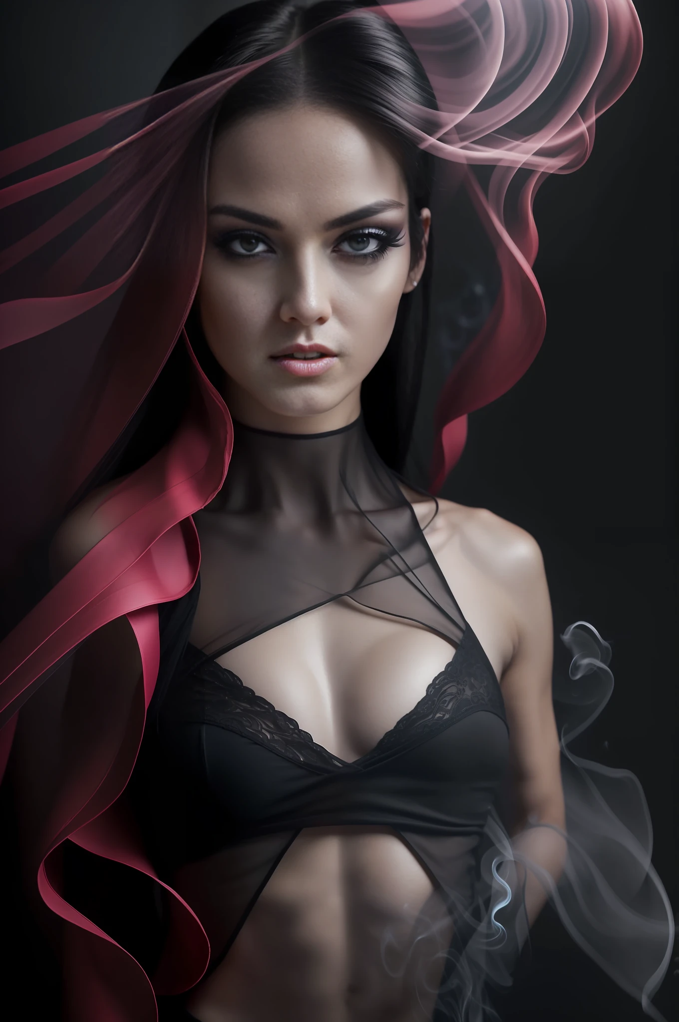 RAW photo, Angry Face, thin transparent clothes, naked breasts, naked belly, naked body, soft natural breasts, perfect body, ((Best Quality, 8k, Masterpiece:1.5))), Crisp Focus: 1.2, (Layer Cut, Big:1.2), Beautiful Woman with Perfect Figure: 1.5, Slender Abs:1.3, Wet Body:1.5, Highly Detailed Face and Skin Texture, Detailed makeup Eyes, Double Eyelids, Long curly black Hair, living room scenery, ((hyper smoke)), ((dark background))