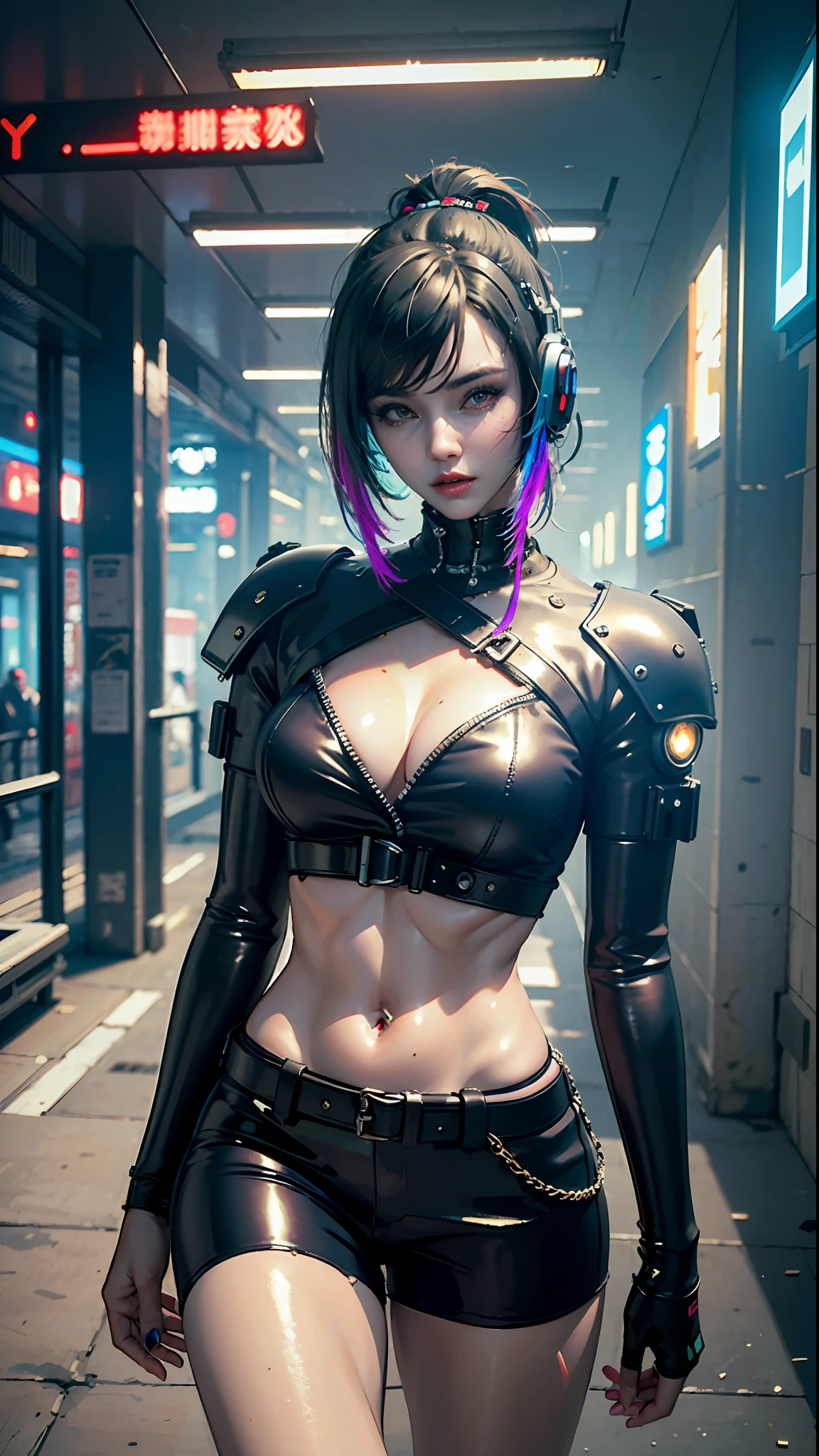 ((Best quality)), ((masterpiece)), (highly detailed:1.3), 3D, beautiful (cyberpunk:1.3), stylish woman looking at camera black leather clothes