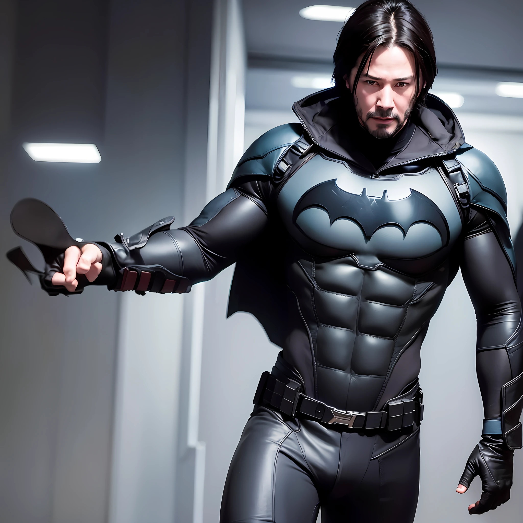 Keanu Reeves wearing the Batman costume, muscular, realistic