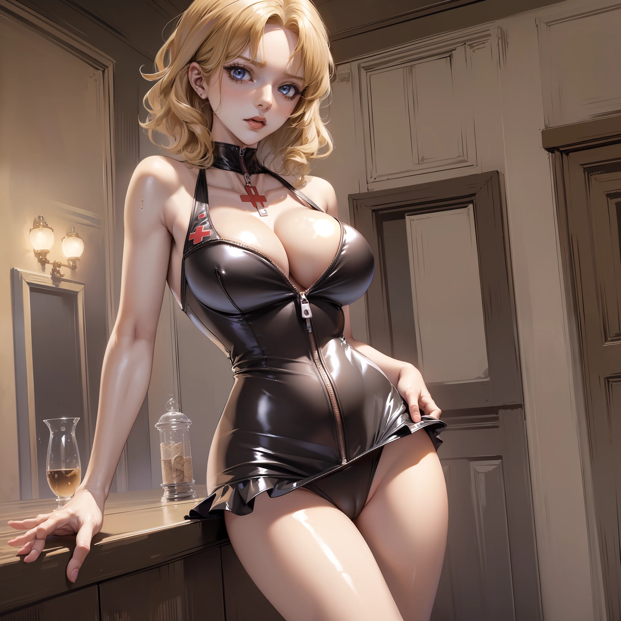 (masterpiece), (best quality), (Mature Female), (Medicine Melancholy:1.3), (blonde hair, wavy hair), short hair, (blue eyes, detailed eyelashes), Touhou, (sexy:1.2), (sultry look), (large breasts:1.3), (Cleavage:1.3), (black one piece swimsuit:1.3), (zipper:1.2) (shiny clothes:1.1), (adapted swimsuit:1.25), realistic, (Good anatomy:1.35), (hourglass figure:1.1), (Femdom:1.3), (solo), (cowboy shot:1.1)