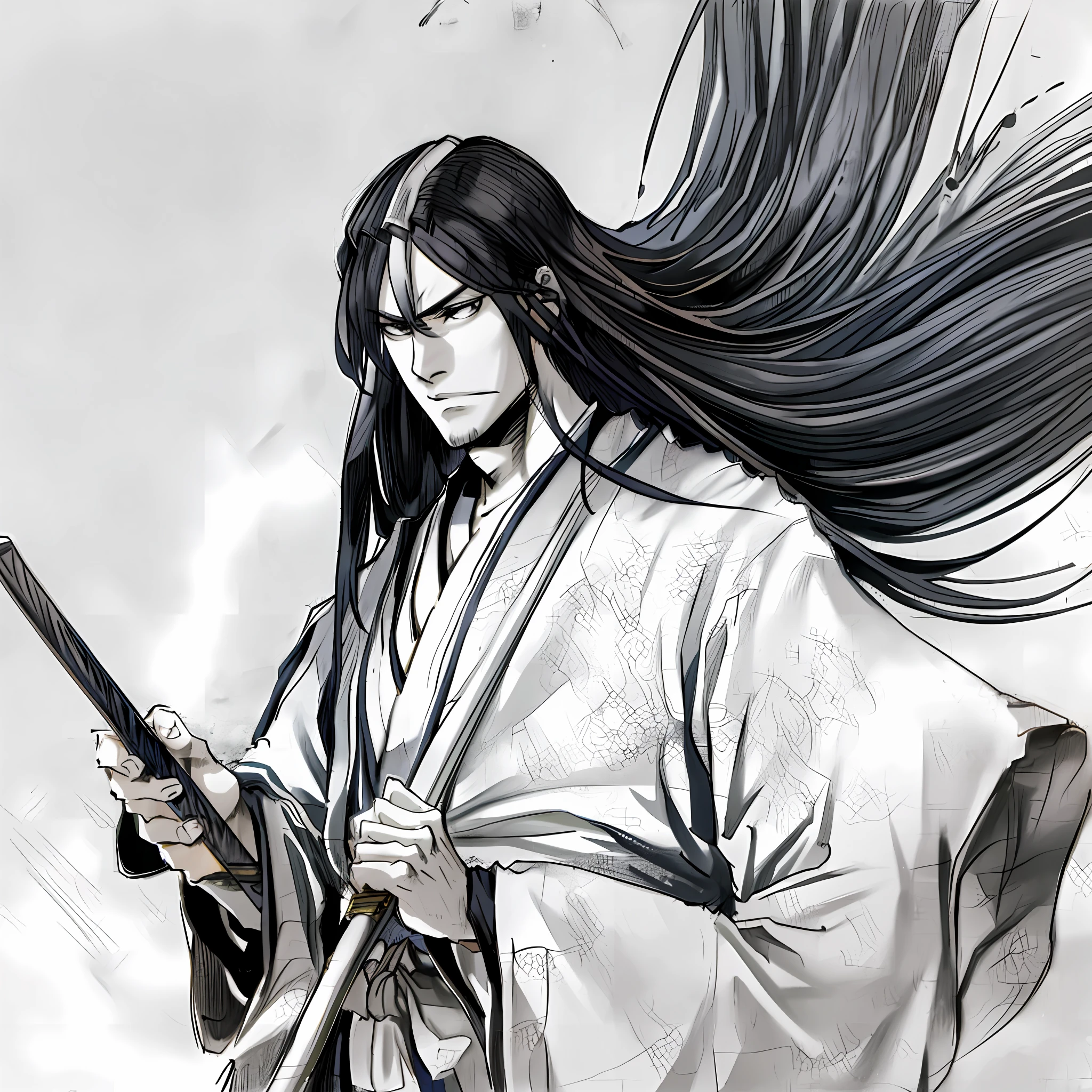 a closeup of a person holding a magic brush in a drawing style, flowing hair and long robes, inspired by Tōshūsai Sharaku, shikanosuke yagaki, inspired by Kanō Sanraku, inspired by Ryūkōsai Jokei, sengoku - art style of the era, masayoshi suto and artgerm grayscale, monochrome, halftone, drawing, manga, Japanese