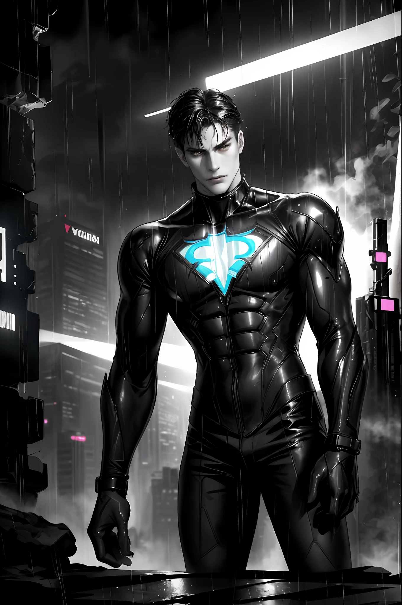 close, high contrast, stylish, vilian art,masterpiece, best quality, 1male, handsome, young, tall superhero spyderman, best light and shadow, chinese stealth suit, science fiction, skin tight, standing, dynamic lighting, cinematic lighting, volume lighting, ultra high resolution, cyberpunk, night cyberpunk city with neon lighting, (night, fog, raining, wet:1.2),