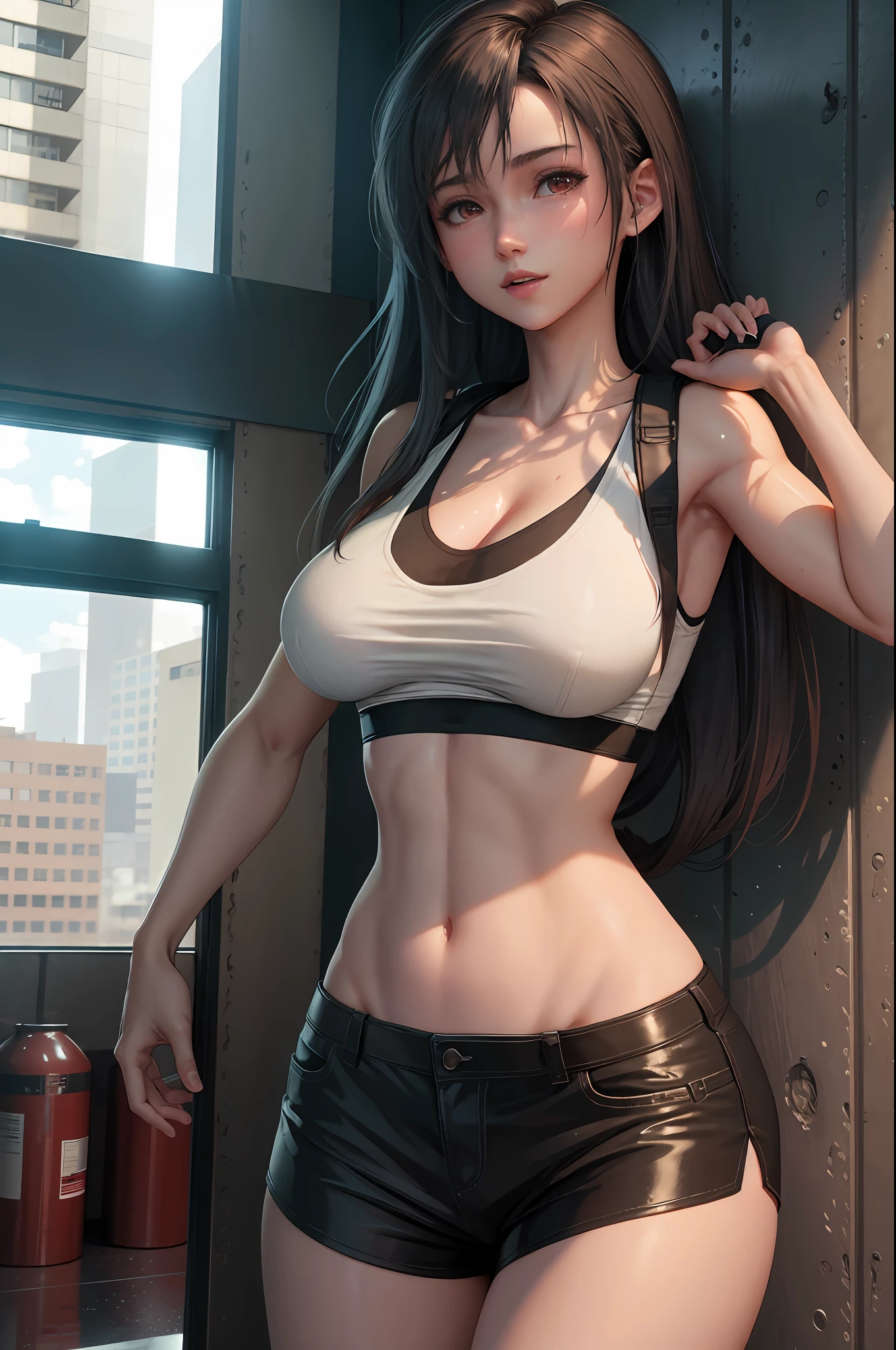 4k highly detailed realistic, upper body, photo of beautiful 18 year old girl, large tits, in wet clothes standing by the modern industrial bedroom window in a tall building with brick walls in a white sports bra with a deep neckline and black yoga shorts
