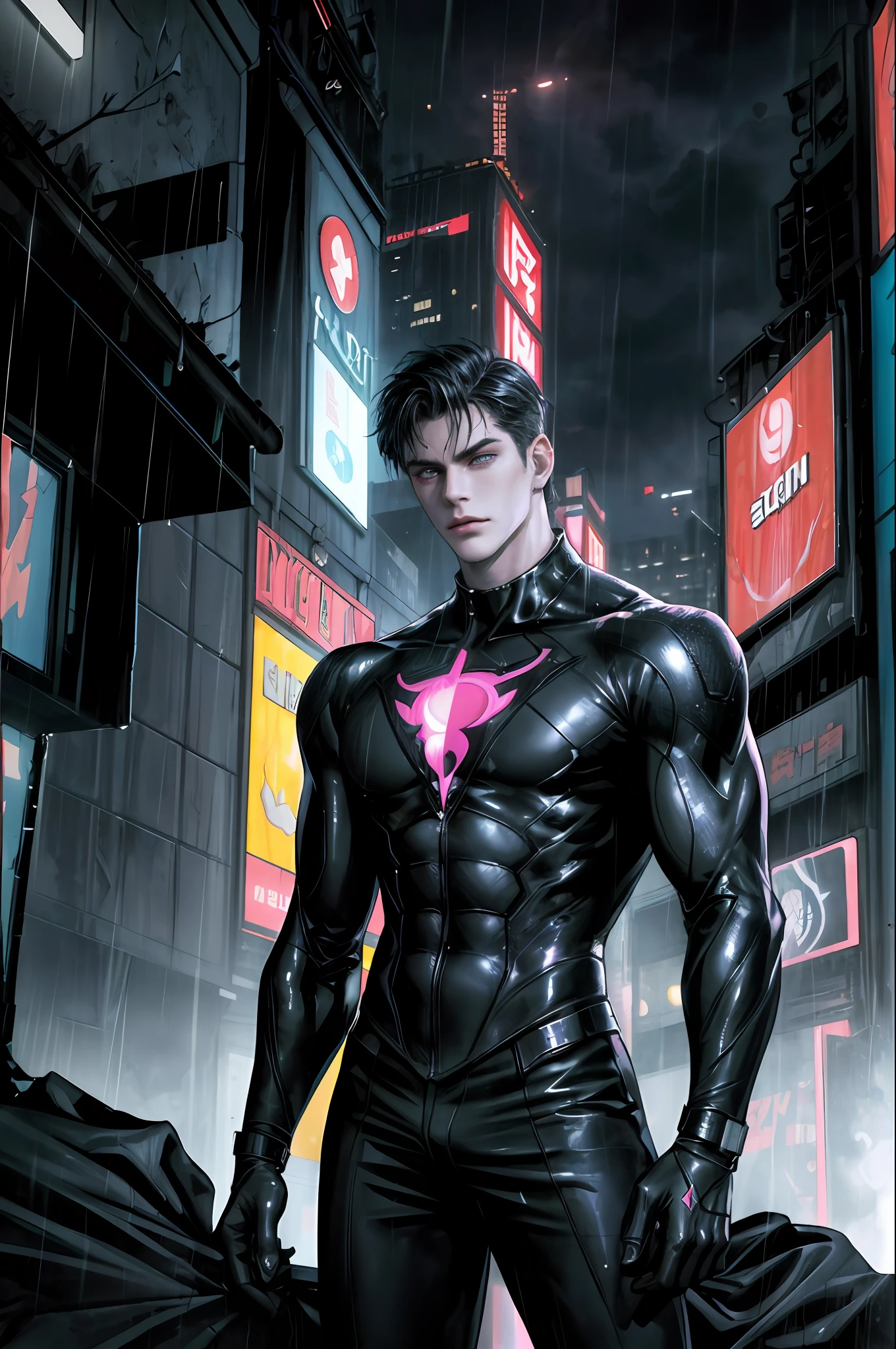 close, high contrast, stylish, vilian art,masterpiece, best quality, 1male, handsome, young, tall superhero spyderman, best light and shadow, chinese stealth suit, science fiction, skin tight, standing, dynamic lighting, cinematic lighting, volume lighting, ultra high resolution, cyberpunk, night cyberpunk city with neon lighting, (night, fog, raining, wet:1.2),