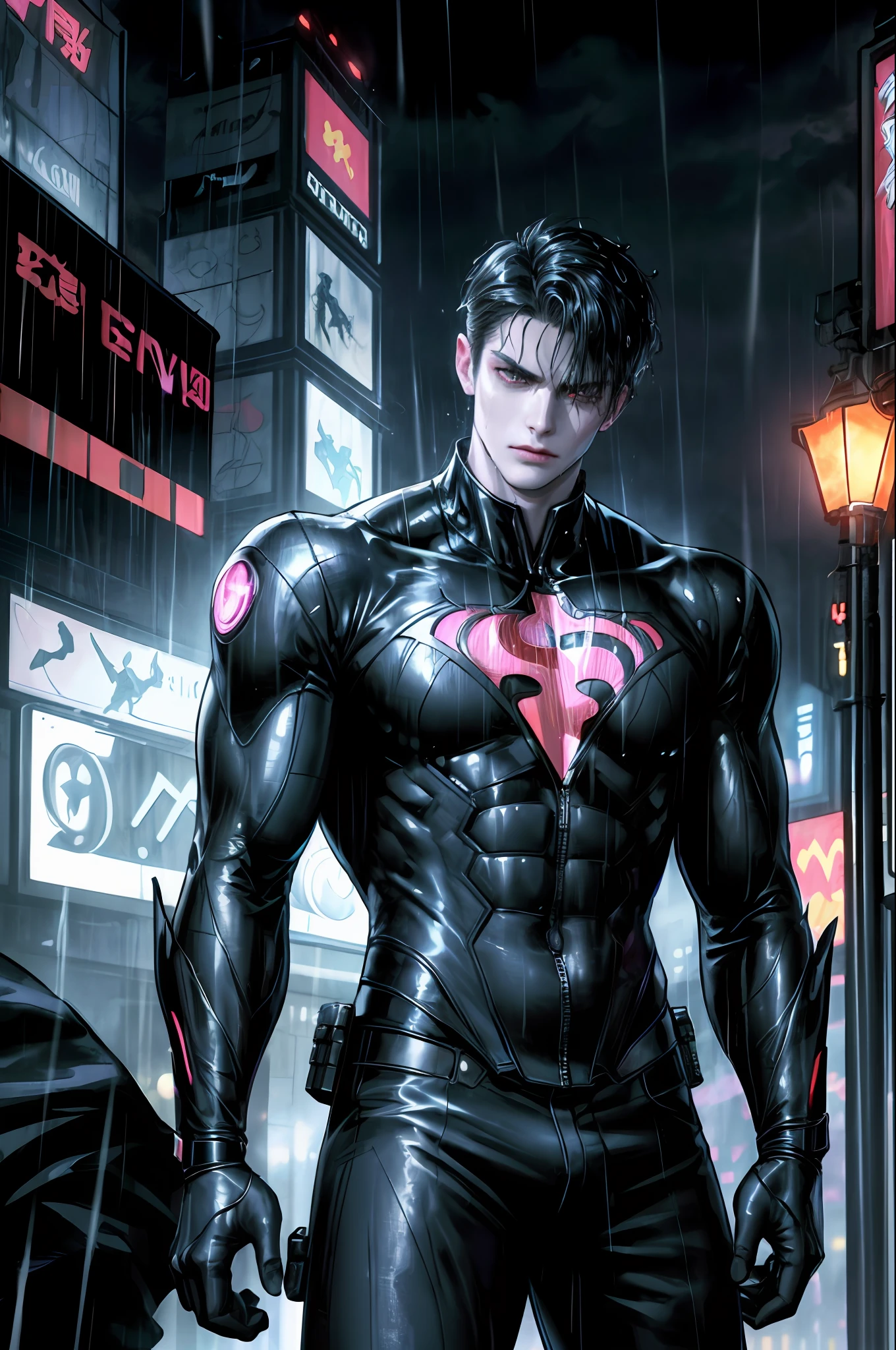close, high contrast, stylish, vilian art,masterpiece, best quality, 1male, handsome, young, tall superhero spyderman, best light and shadow, chinese stealth suit, science fiction, skin tight, standing, dynamic lighting, cinematic lighting, volume lighting, ultra high resolution, cyberpunk, night cyberpunk city with neon lighting, (night, fog, raining, wet:1.2),