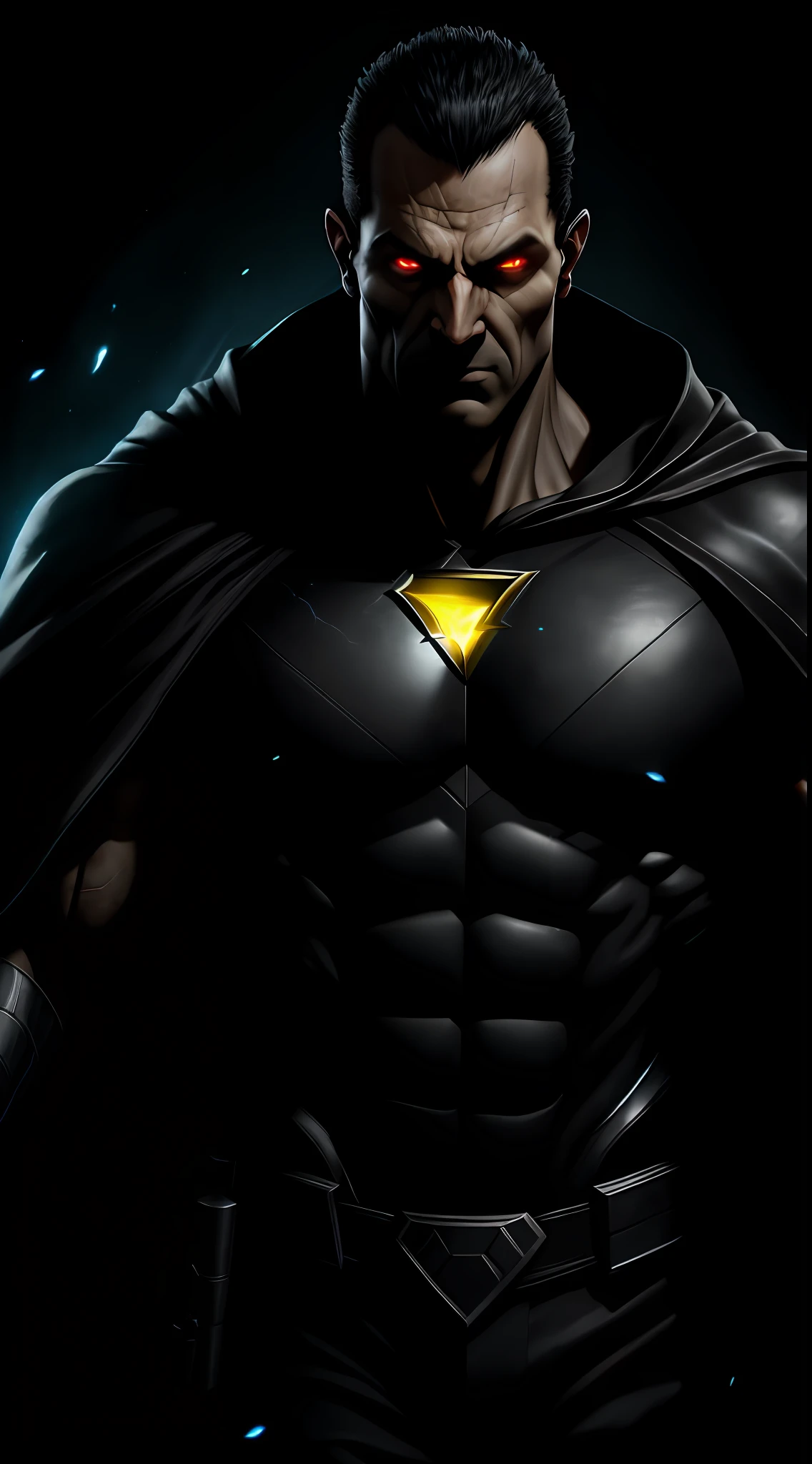 (dark shot: 1.1), epic realistic, Black Adam in the dark with glowing eyes and glowing cape, soft cinematic light, Adobe Lightroom, darkroom, HDR, intricate, highly detailed, (depth of field: 1.4), hyper-detail (artstation: 1.4), cinematic, warm light, dramatic light (complex details: 1.1)