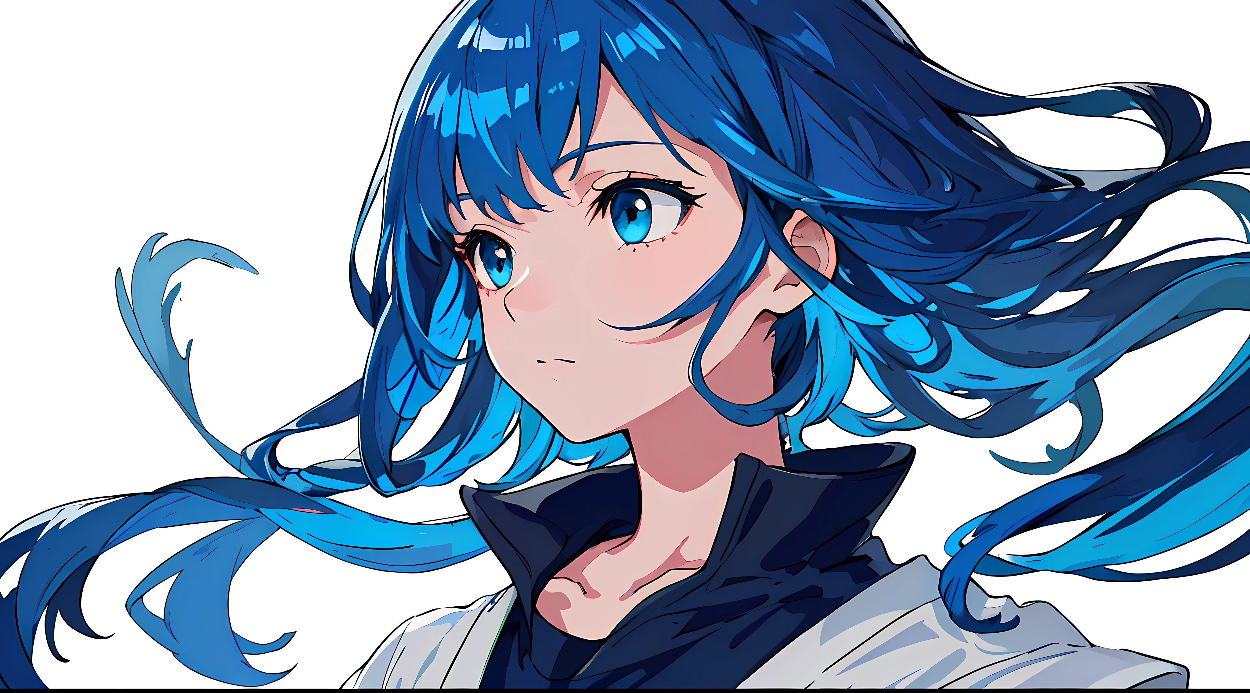 (Masterpiece, high-detailed, ultra resolution, clear, soft art) (looking at the side, looking at the left:1.3), 1girl, solo, standing, upper-body, face only, close-up, light aqua hair, aqua eyes, , (colored inner hair, dark blue hair:1.3), long hair, wavy hair, hime cut, straight hair, sidelocks, black sweater, high collar, open collar, collarbone, simple background, white background, boring background, beautiful detailed eyes, detailed hands, sasuke clothes, sasuke shirt