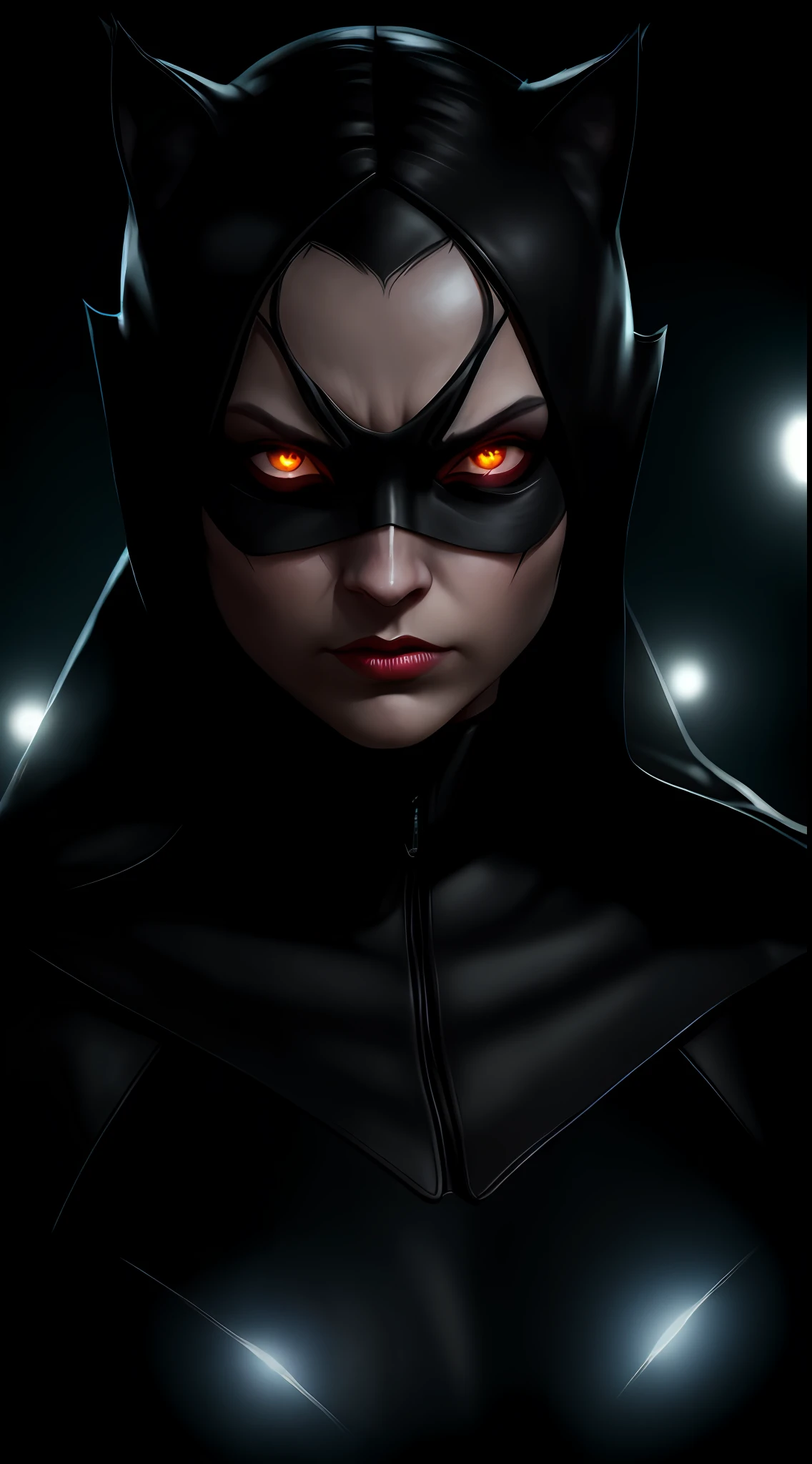 (dark shot: 1.1), epic realistic, Catwoman in the dark with glowing eyes and glowing cape, soft cinematic light, Adobe Lightroom, darkroom, HDR, intricate, highly detailed, (depth of field: 1.4), hyper-detail (artstation: 1.4), cinematic, warm light, dramatic light (complex details: 1.1)