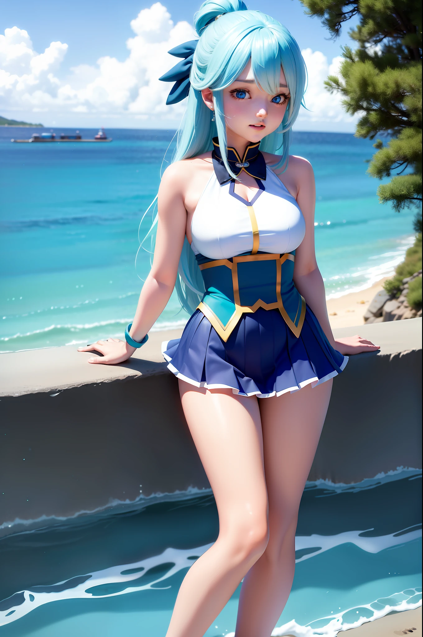 [EMB_kobo-Kanaeru-7500], masterpiece, best quality, 1girl, beach, ocean, water_drop, arms_behind_back, looking_at_another, (Aqua Konosuba:1.2), Ti-emb_kobo-Kanaeru, blue eyes, long light blue hair