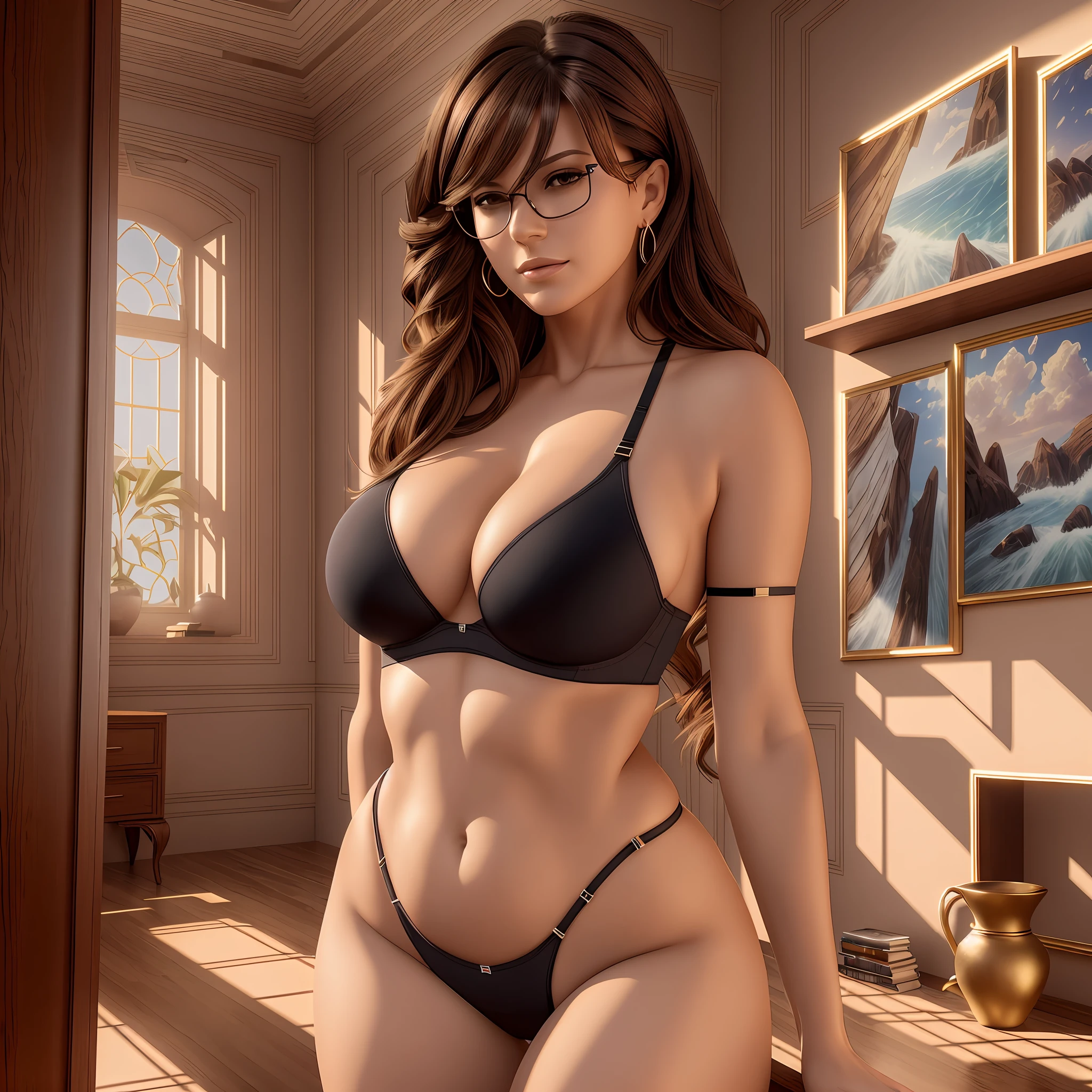 1 women, 40 years old, white clothes, with sunglasses, earrings, jackopose, photon mapping, hair, natural lips, brown hair, black eyes, tight bra, and large breasts, protruding thighs, beautiful curves, masterpiece, dark background. ultraHD, focus on face, cameltoe