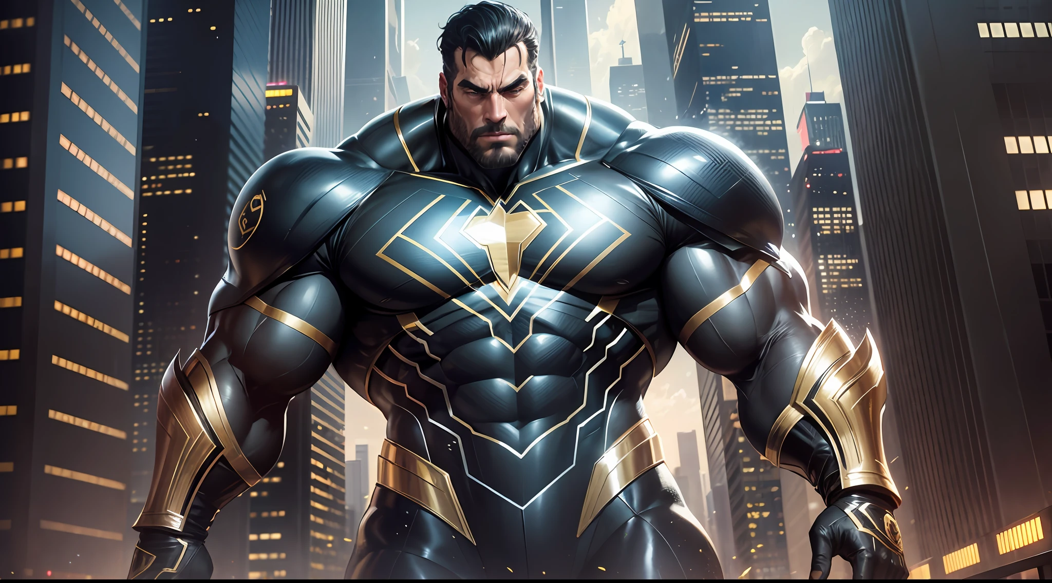 A very large and very handsome man in a Black Adam Suit and a 10000 foot giant SuperHero walking between skyscrapers Action background Urban realistic Detailed face Detailed Suit Very detailed work Detailed Logo CGI 8k resolution --auto --s2