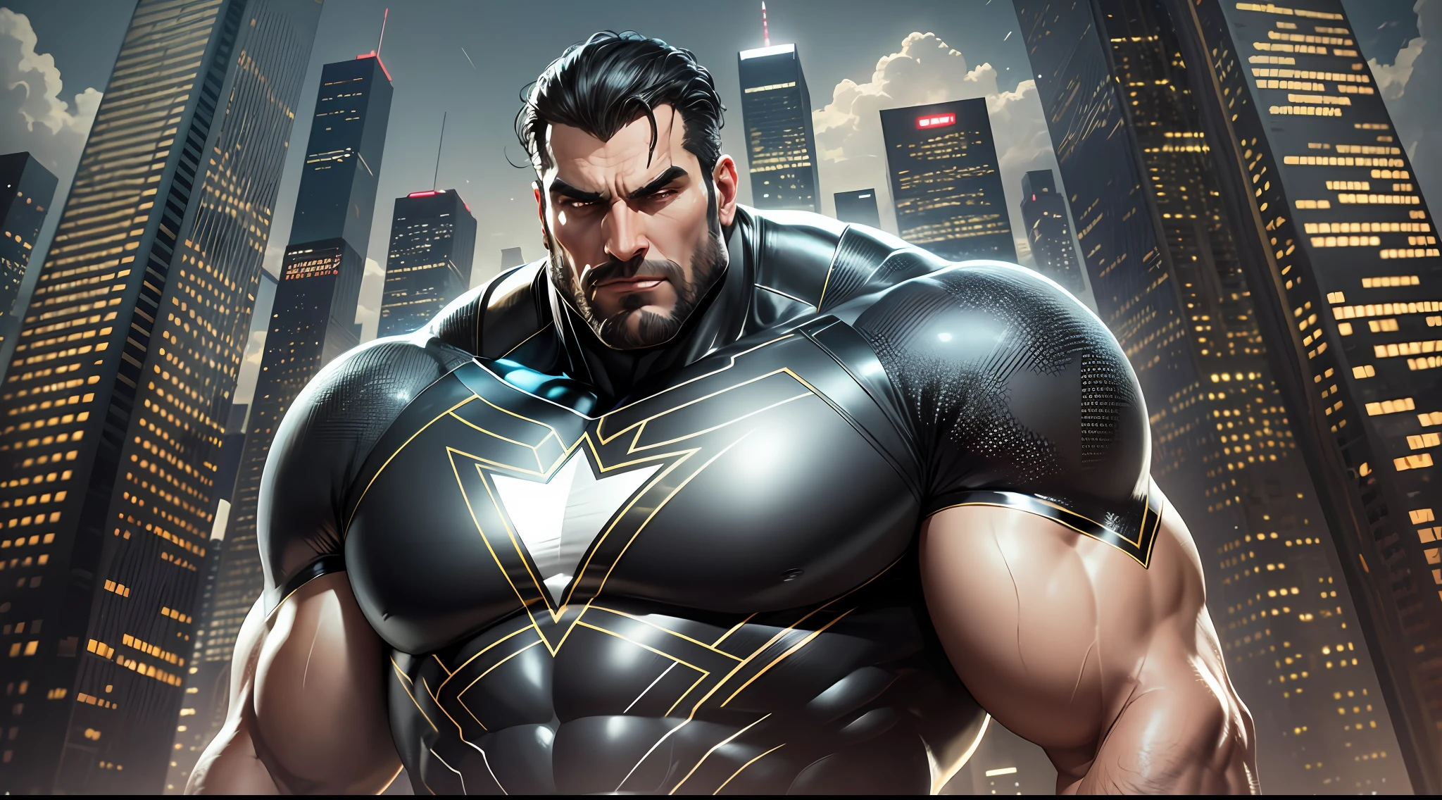 A very large and very handsome man in a Black Adam Suit and a 10000 foot giant SuperHero walking between skyscrapers Action background Urban realistic Detailed face Detailed Suit Very detailed work Detailed Logo CGI 8k resolution --auto --s2