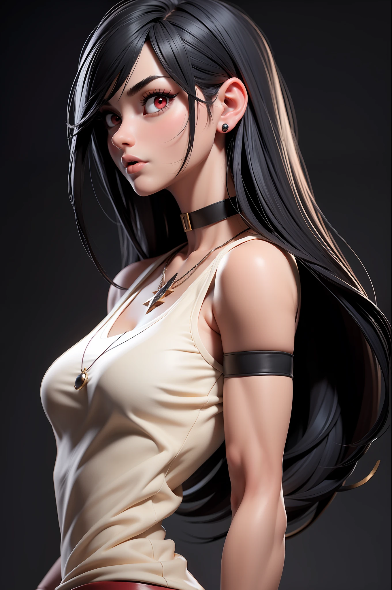 masterpiece, best quality,3d rending work ,3DMM style,close-up,portrait, 3D,1girl, solo, black hair, necklace, jewelry, looking to the side, realistic, upper body, simple background, bangs, looking away, long black hair, parted lips, choker, makeup, mole, white tank top, red eyes, tifa lockhart