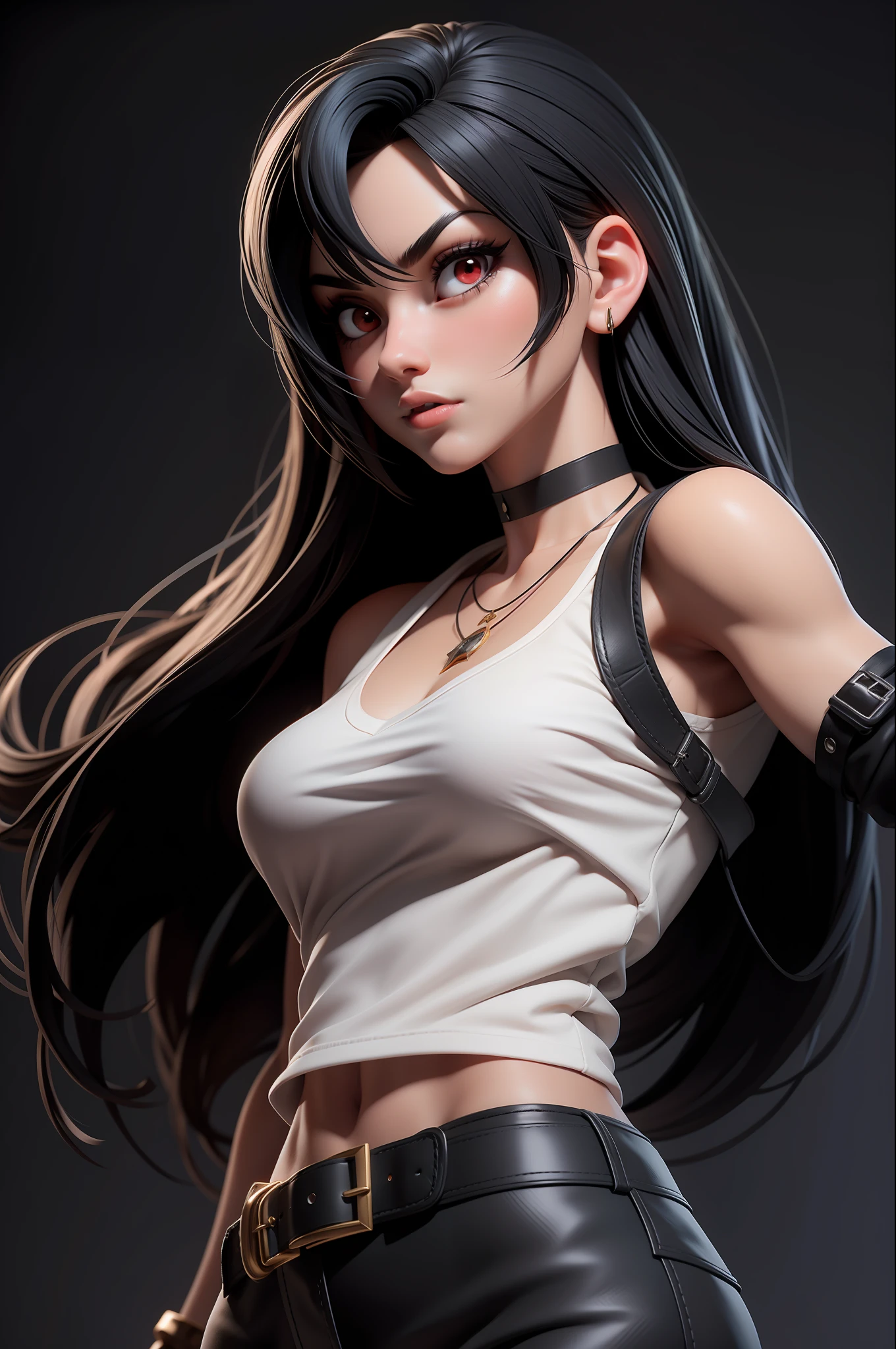 masterpiece, best quality,3d rending work ,3DMM style,close-up,portrait, 3D,1girl, solo, black hair, necklace, jewelry, looking to the side, realistic, upper body, simple background, bangs, looking away, long black hair, parted lips, choker, makeup, mole, white tank top, red eyes, tifa lockhart