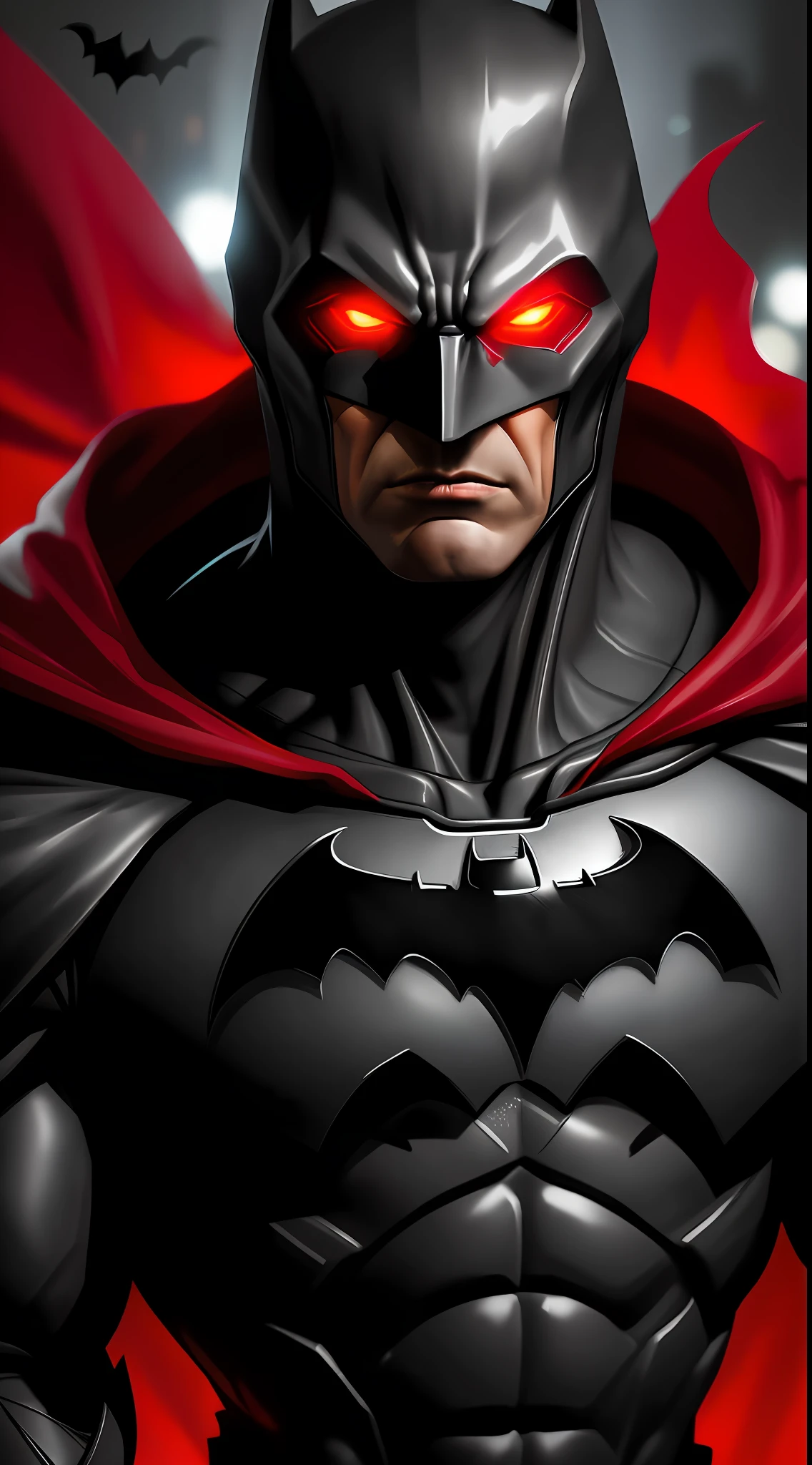 (dark shot: 1.1), epic realistic, Batman in the dark with glowing red eyes and glowing cape, soft cinematic light, Adobe Lightroom, darkroom, HDR, intricate, highly detailed, (depth of field: 1.4), hyper-detail (artstation: 1.4), cinematic, warm light, dramatic light (complex details: 1.1)