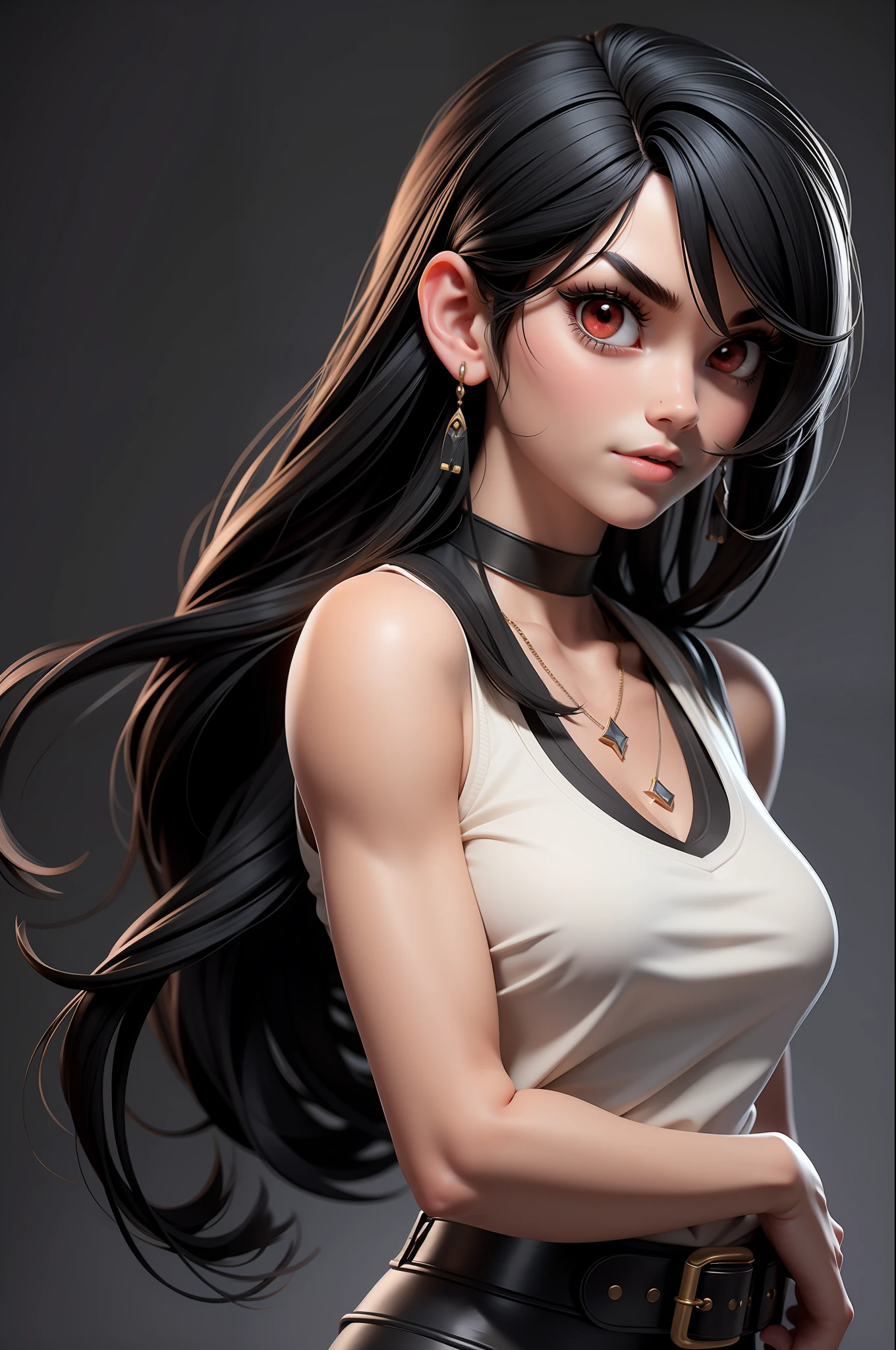 masterpiece, best quality,3d rending work ,3DMM style,close-up,portrait, 3D,1girl, solo, black hair, necklace, jewelry, looking to the side, realistic, upper body, simple background, bangs, looking away, long black hair, parted lips, choker, makeup, mole, white tank top, red eyes, tifa lockhart