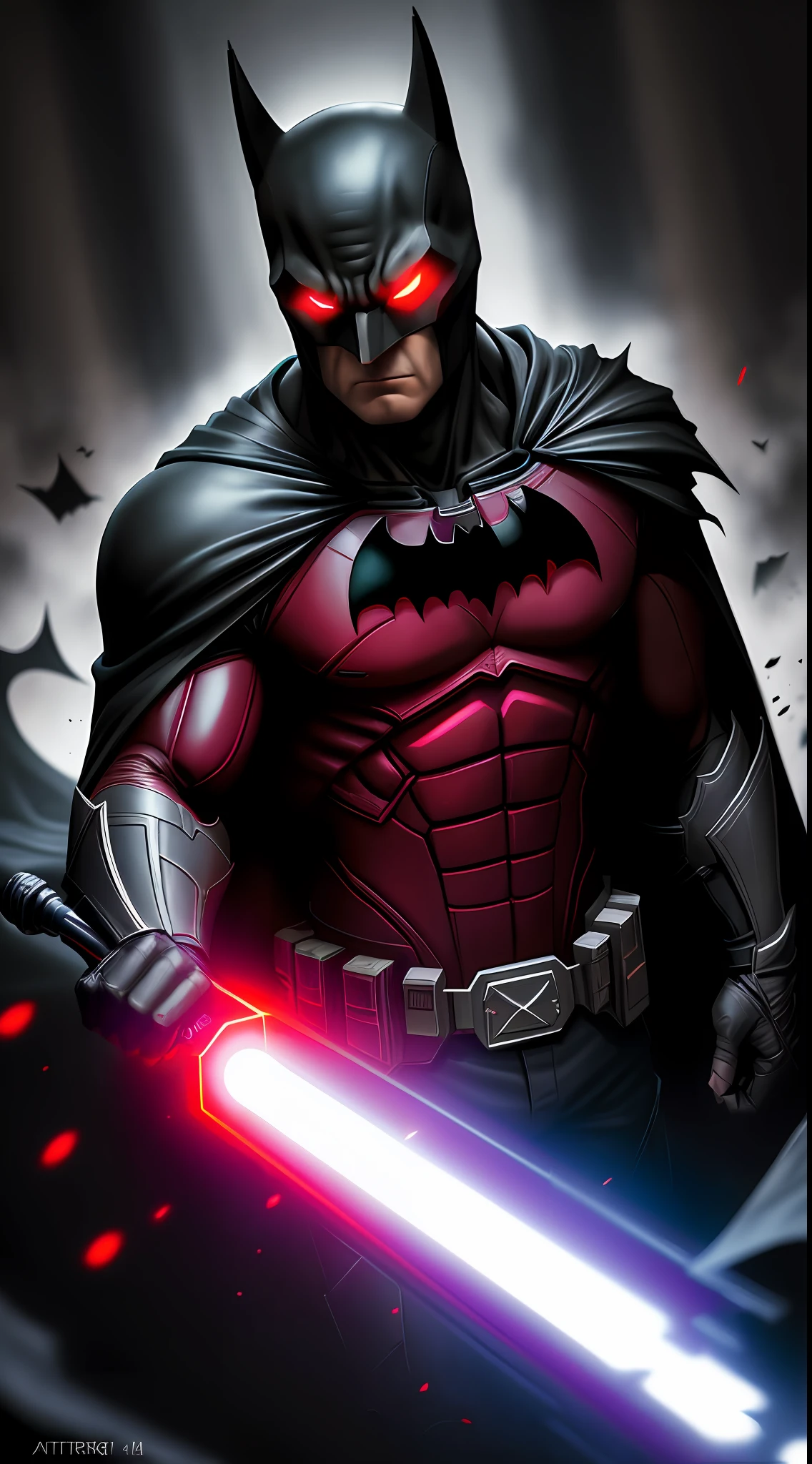 (dark shot: 1.1), epic realistic, Batman in the dark with glowing red eyes and glowing cape, soft cinematic light, Adobe Lightroom, darkroom, HDR, intricate, highly detailed, (depth of field: 1.4), hyper-detail (artstation: 1.4), cinematic, warm light, dramatic light (complex details: 1.1)