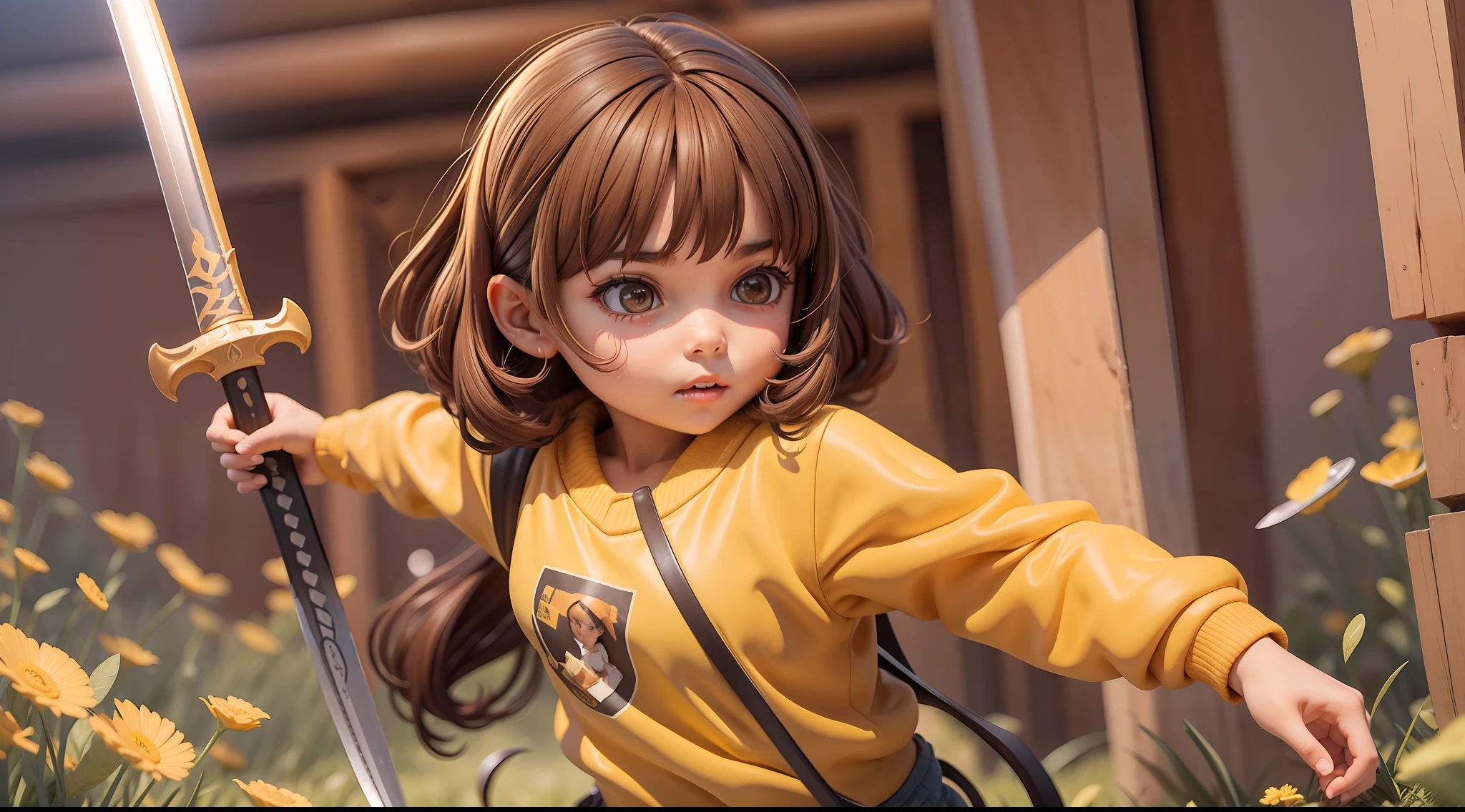 7--old l in yellow sweatshirt, dark brown hair, advancing into battle with a sword