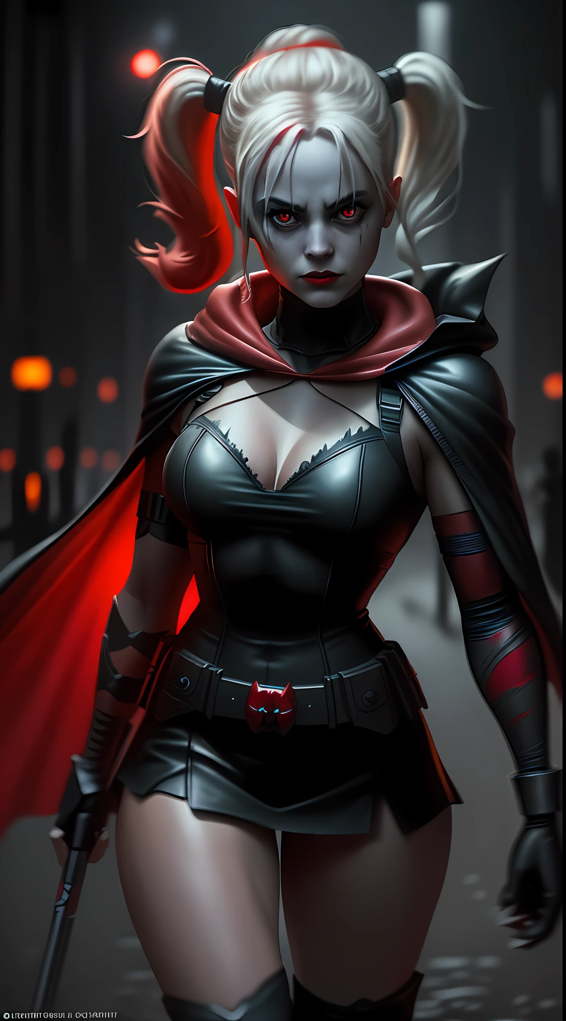 (dark shot: 1.1), epic realistic, Harley Quinn in the dark with glowing red eyes and glowing cape, soft cinematic light, Adobe Lightroom, darkroom, HDR, intricate, highly detailed, (depth of field: 1.4), hyper-detail (artstation: 1.4), cinematic, warm light, dramatic light (complex details: 1.1)
