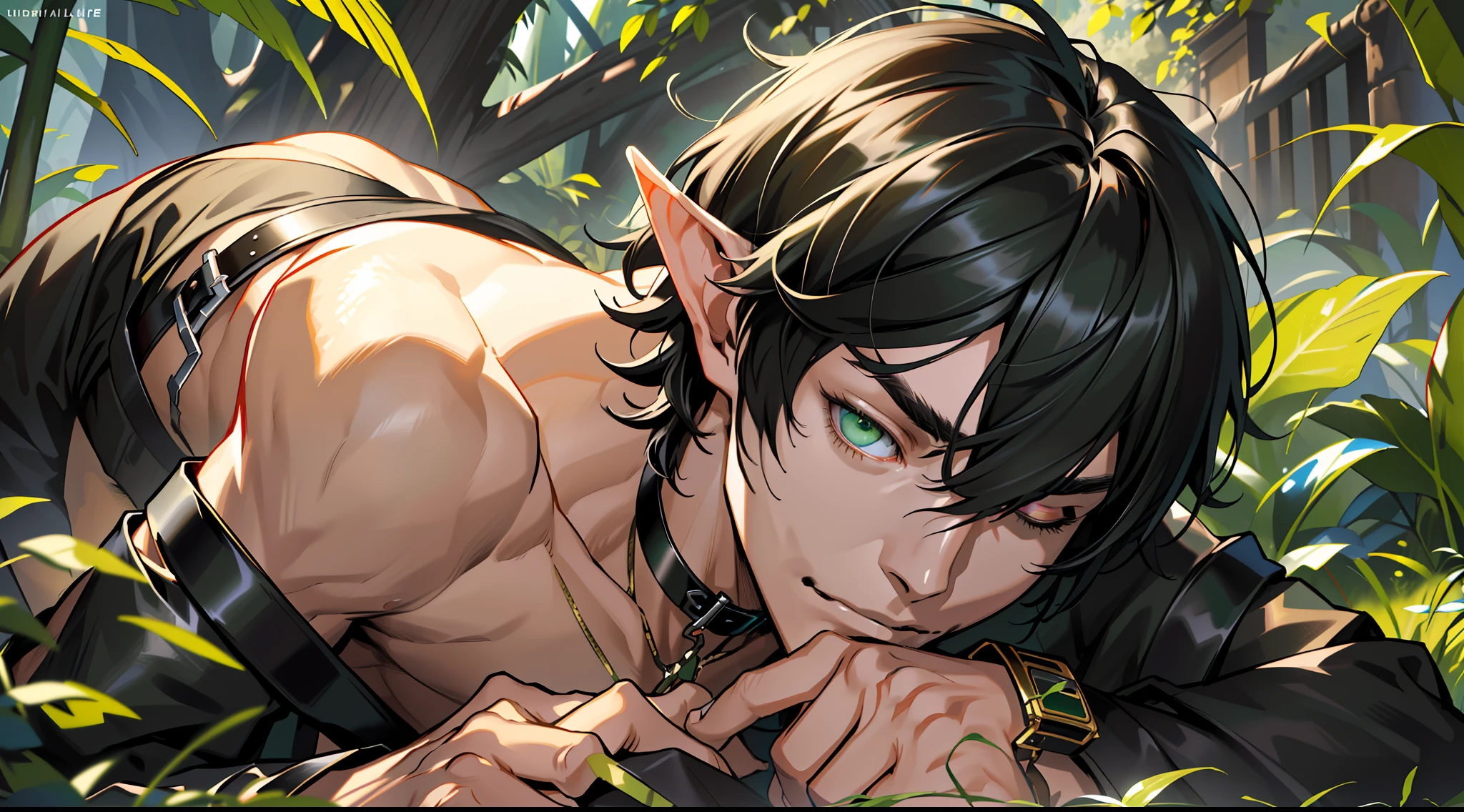(absurdres, highres, ultra detailed), (1 solo male) 1 male, elf adult, handsome, tall slender guy, narrow eyes, narrow shoulders, finely detailed eyes and detailed face, messy shaggy black hair, side bangs, bangs, green eyes, sexy twink, shirtless, final fantasy 14, dog collar, full body shot, sleepy eyes, eyes partially closed
