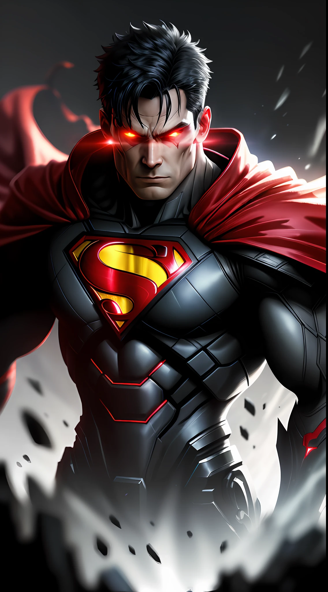(dark shot: 1.1), epic realistic, Cyborg Superman in the dark with glowing red eyes and glowing cape, soft cinematic light, Adobe Lightroom, darkroom, HDR, intricate, highly detailed, (depth of field: 1.4), hyper-detail (artstation: 1.4), cinematic, warm light, dramatic light (complex details: 1.1)