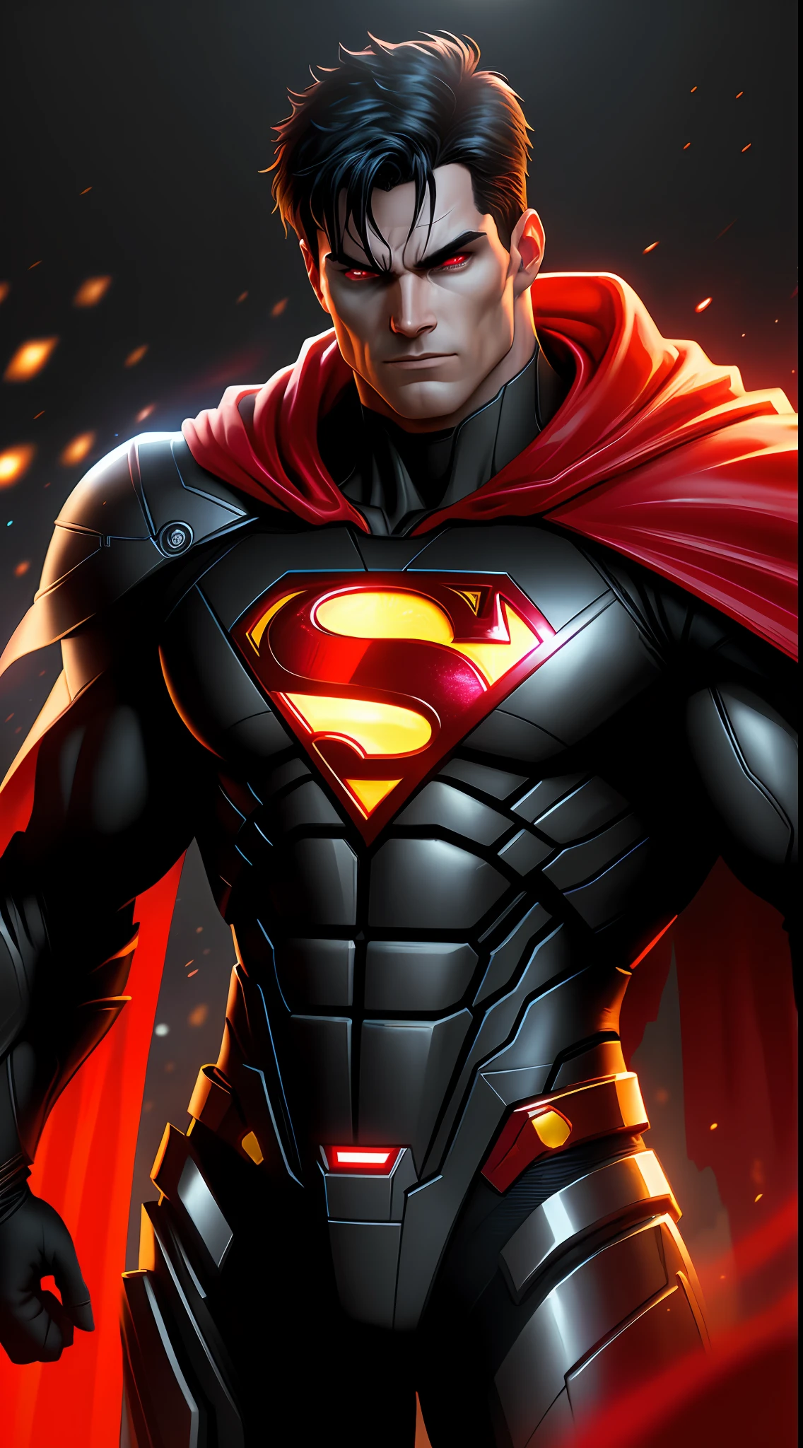 (dark shot: 1.1), epic realistic, Cyborg Superman in the dark with glowing red eyes and glowing cape, soft cinematic light, Adobe Lightroom, darkroom, HDR, intricate, highly detailed, (depth of field: 1.4), hyper-detail (artstation: 1.4), cinematic, warm light, dramatic light (complex details: 1.1)