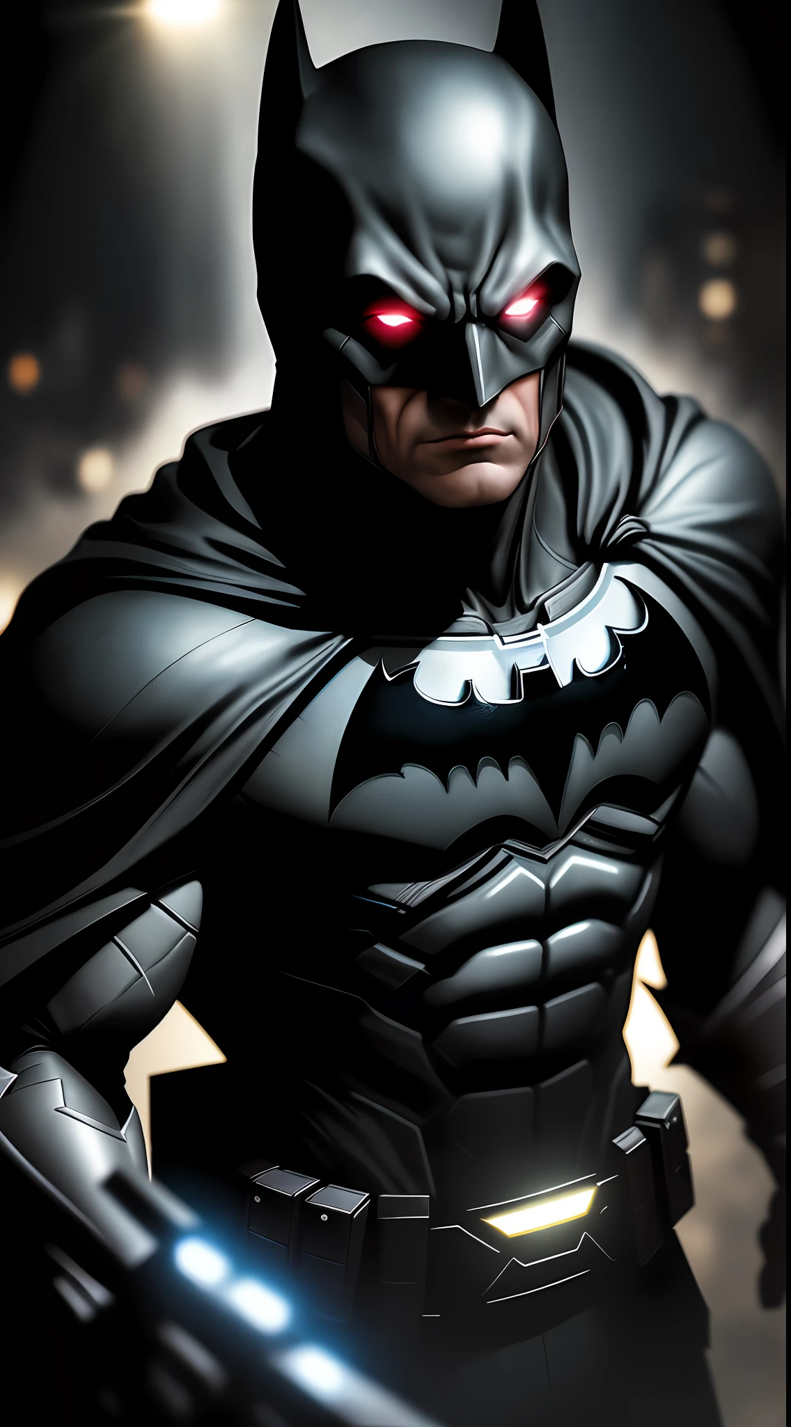 (dark shot: 1.1), epic realistic, Batman in the dark with glowing eyes and glowing cape, soft cinematic light, Adobe Lightroom, darkroom, HDR, intricate, highly detailed, (depth of field: 1.4), hyper-detail (artstation: 1.4), cinematic, warm light, dramatic light (complex details: 1.1)