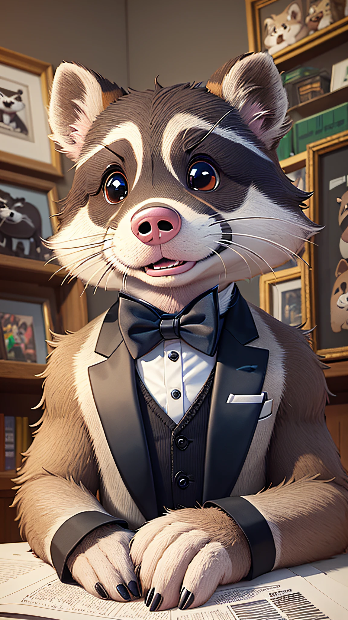 3d a dog wearing a bow tie and a sweater, a raccoon wearing formal clothes, beautiful fursona weasel portrait, anthropomorphic hairy otter, anthropomorphic otter in costume, professional furry drawing, stylized furry disney, anthropomorphic badger, he looks very sophisticated, pig in a tuxedo, anthropomorphic beaver --auto --s2