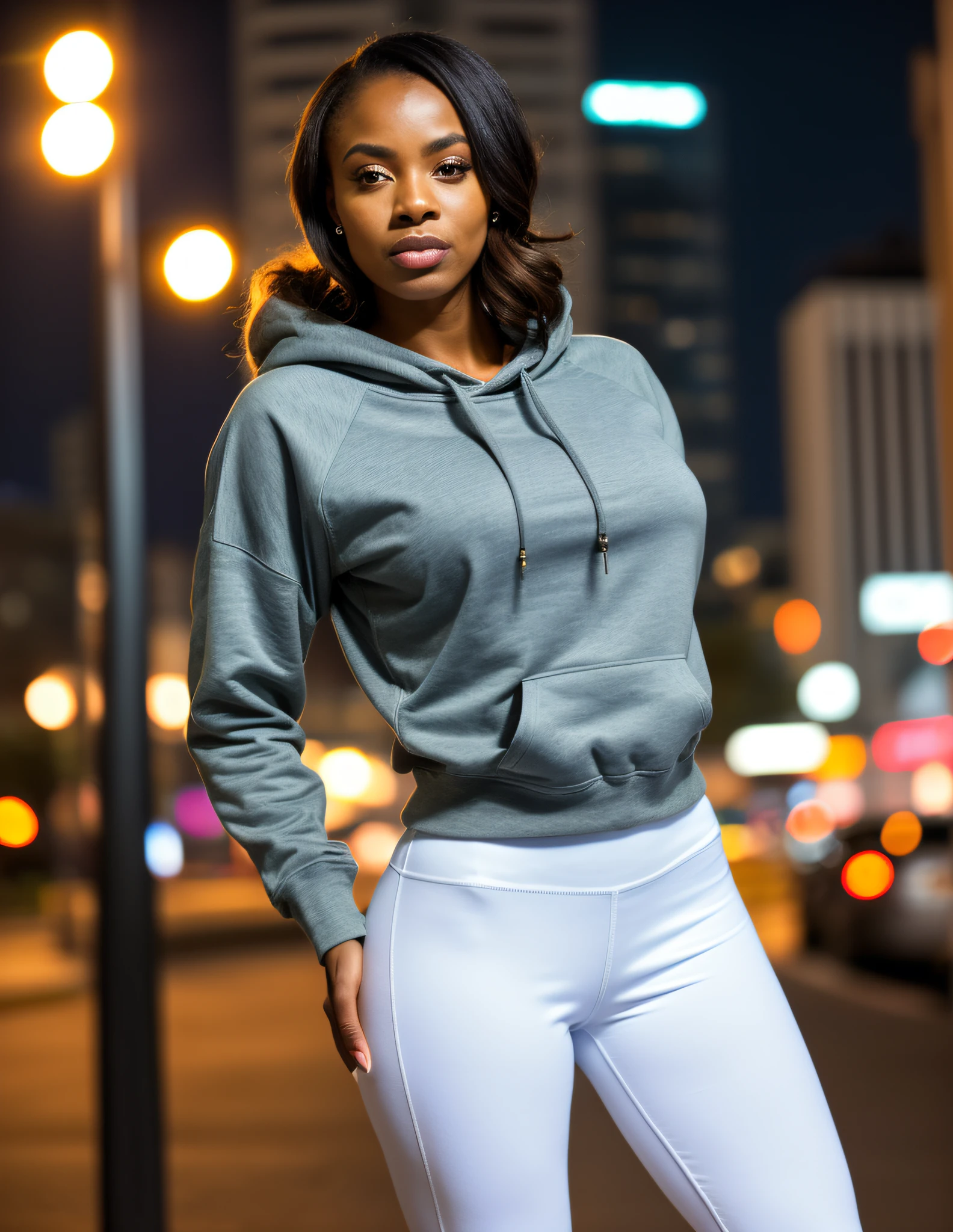 photo of beautiful (wowval:0.99), a woman as a movie star, hair updo, african woman, strong jawline, big breast, slutty face, thin waist, hourglass body,fat lips (wearing white leggings, sweatshirt high heels) , (masterpiece:1.2) (photorealistic:1.2) (bokeh) (best quality) (detailed skin:1.2) (intricate details) (nighttime) (8k) (HDR) (cinematic lighting) (sharp focus), (looking at the camera:1.1),(Background is empty office)