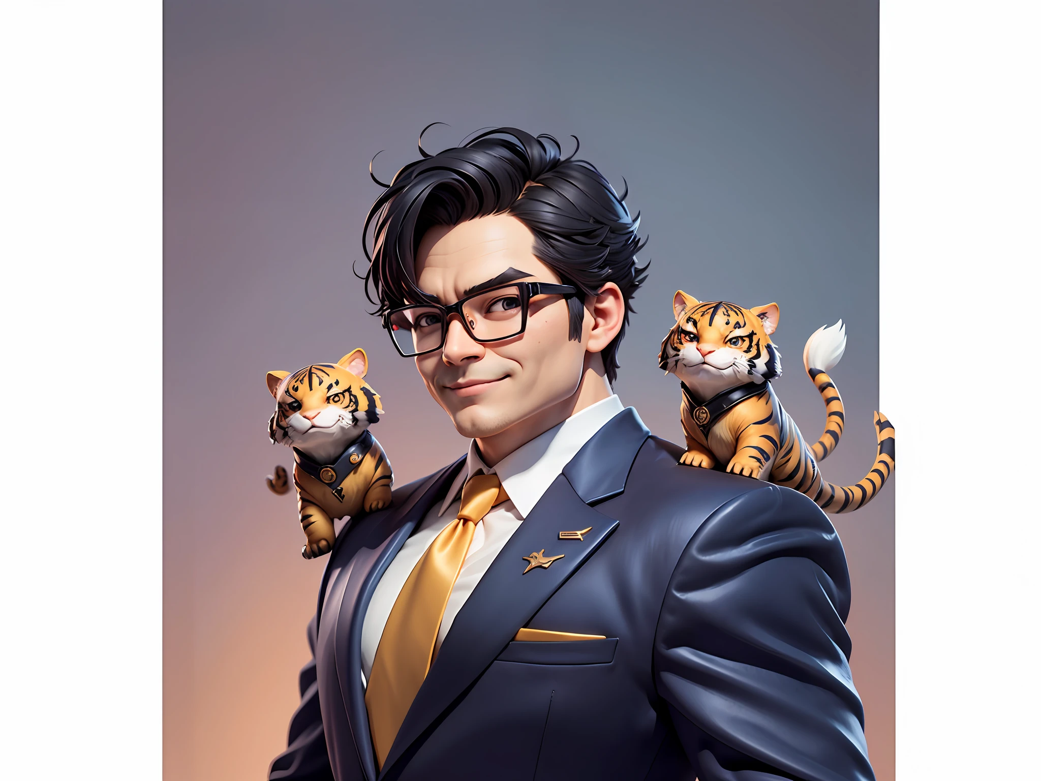 (Masterpiece), (Extreme Quality), (Super Meticulous), (Full Body: 1.2), Super Young Man, Chinese Dragon, Tiger, Wind God Thor, Sexy, Bursting, Oriental Face, TV Anchor, Bust Portrait Illustration, Black Formal Suit, Blue Tie, Slightly Chubby Face, Silver Glasses, Very Clean Face, No Beard on Chin, Black Super Short Hair, Black Eyes, Confident Smile, 3c Computer Sub-Products, iPad, iPhone, Digital Painting, 3D Character Design by Mark Claireden and Pixar and Hayao Miyazaki and Akira Toriyama, The illustration is a high-definition illustration in 4K resolution with very detailed facial features and cartoon-style visuals.