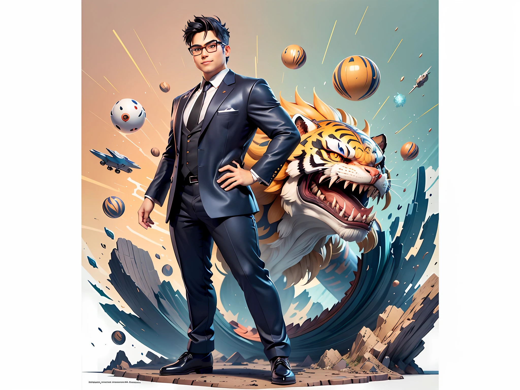 (Masterpiece), (Extreme Quality), (Super Meticulous), (Full Body: 1.2), Super Young Man, Chinese Dragon, Tiger, Wind God Thor, Sexy, Bursting, Oriental Face, TV Anchor, Bust Portrait Illustration, Black Formal Suit, Blue Tie, Slightly Chubby Face, Silver Glasses, Very Clean Face, No Beard on Chin, Black Super Short Hair, Black Eyes, Confident Smile, 3c Computer Sub-Products, iPad, iPhone, Digital Painting, 3D Character Design by Mark Claireden and Pixar and Hayao Miyazaki and Akira Toriyama, The illustration is a high-definition illustration in 4K resolution with very detailed facial features and cartoon-style visuals.