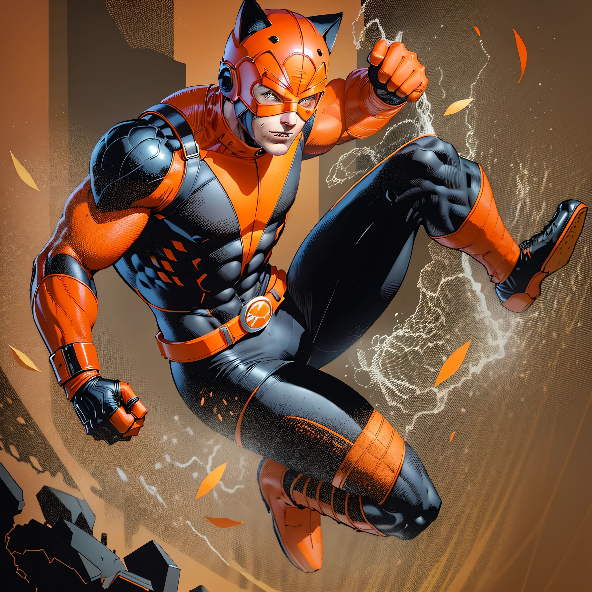 cute young man 22 years old,orange mask with feline ear,orange brusa,black long sleeves,orange glove,orange belt,black pants,orange boot,super hero,full body,jumping character,white background --seed3304890780