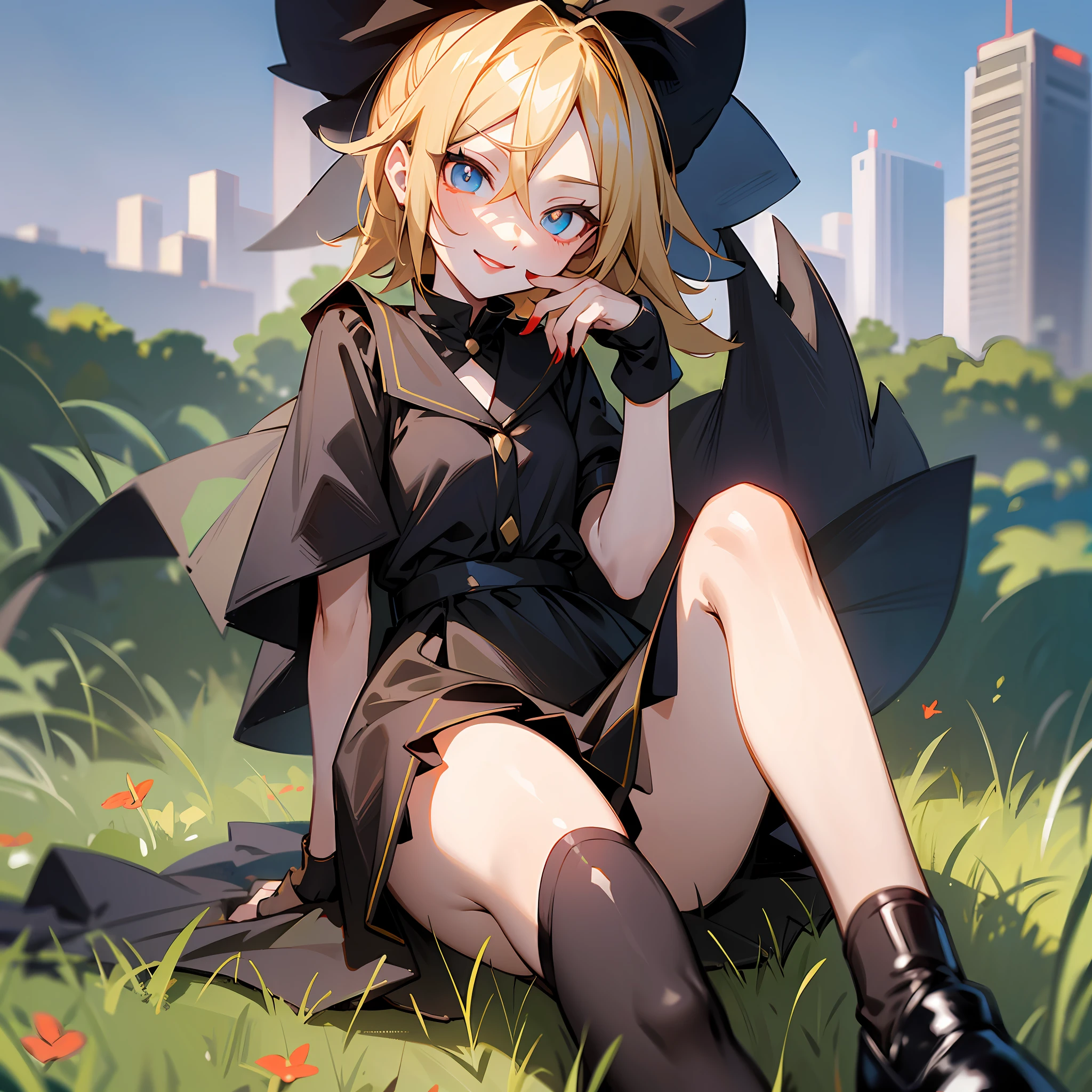 Kagamine rin, knee-length black dress, blue eye and red eye, black tights, sitting on the grass, blond hair, red lips, sweet smile --auto --s2