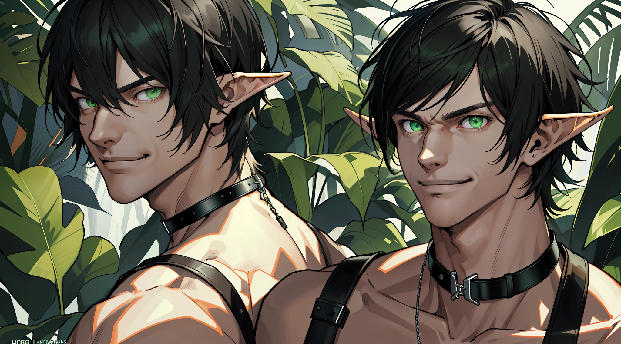 (absurdres, highres, ultra detailed), (1 solo male) 1 male, elf adult, handsome, tall slender guy, narrow eyes, narrow shoulders, finely detailed eyes and detailed face, messy shaggy black hair, side bangs, bangs, green eyes, sexy twink, shirtless, final fantasy 14, dog collar, full body shot, smug smile