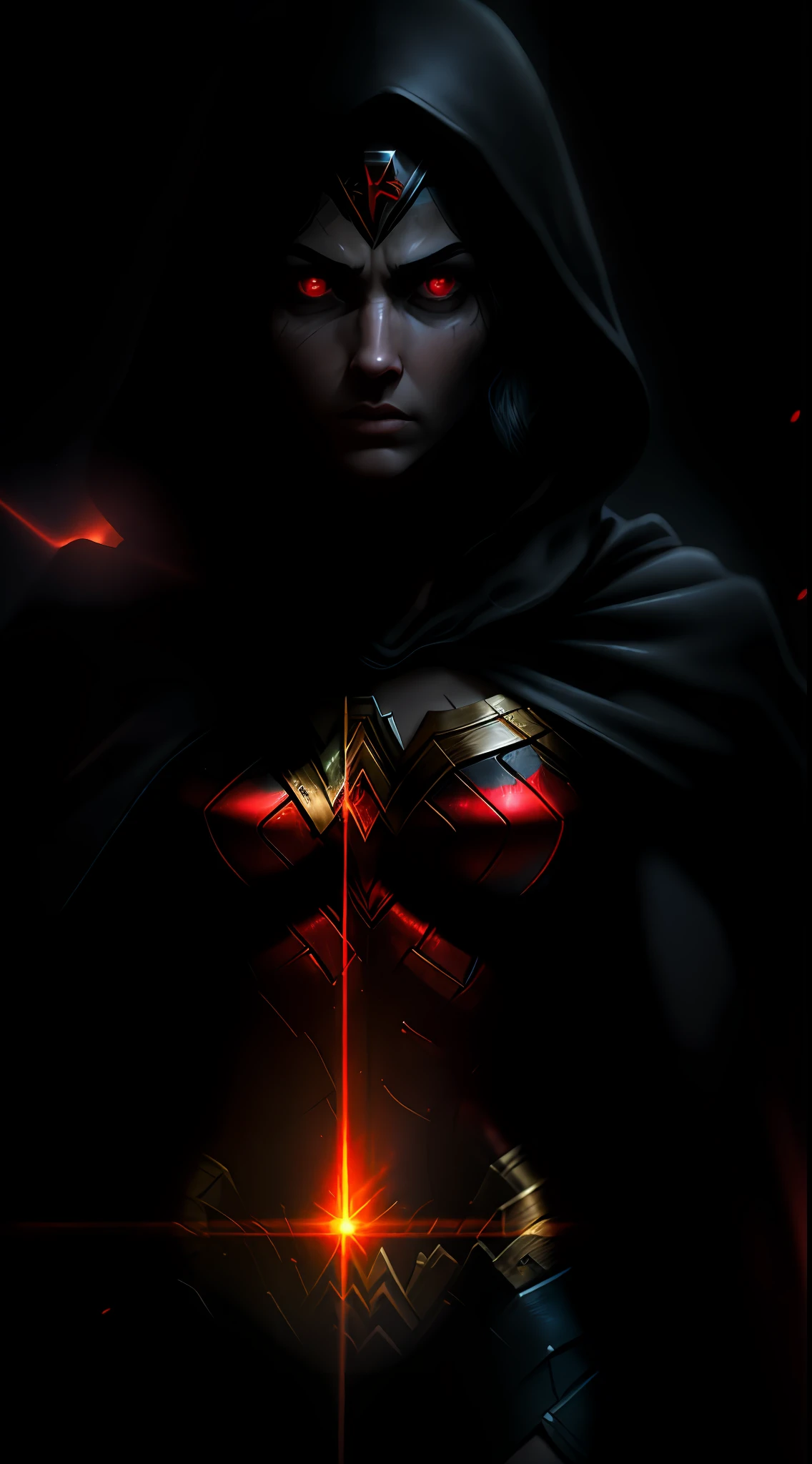 (dark shot: 1.1), epic realistic, Wonder Woman in the dark with glowing red eyes and glowing cape, soft cinematic light, Adobe Lightroom, darkroom, HDR, intricate, highly detailed, (depth of field: 1.4), hyper-detail (artstation: 1.4), cinematic, warm light, dramatic light (complex details: 1.1)