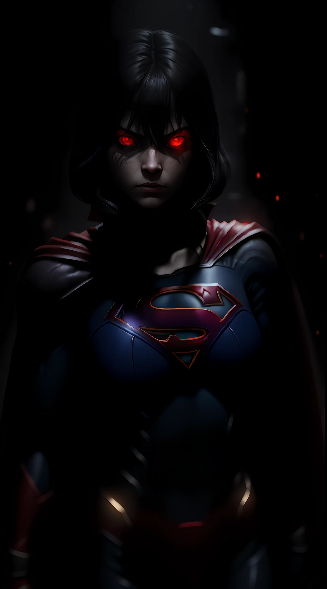 (dark shot: 1.1), epic realistic, Supergirl in the dark with glowing red eyes and glowing cape, soft cinematic light, Adobe Lightroom, darkroom, HDR, intricate, highly detailed, (depth of field: 1.4), hyper-detail (artstation: 1.4), cinematic, warm light, dramatic light (complex details: 1.1)