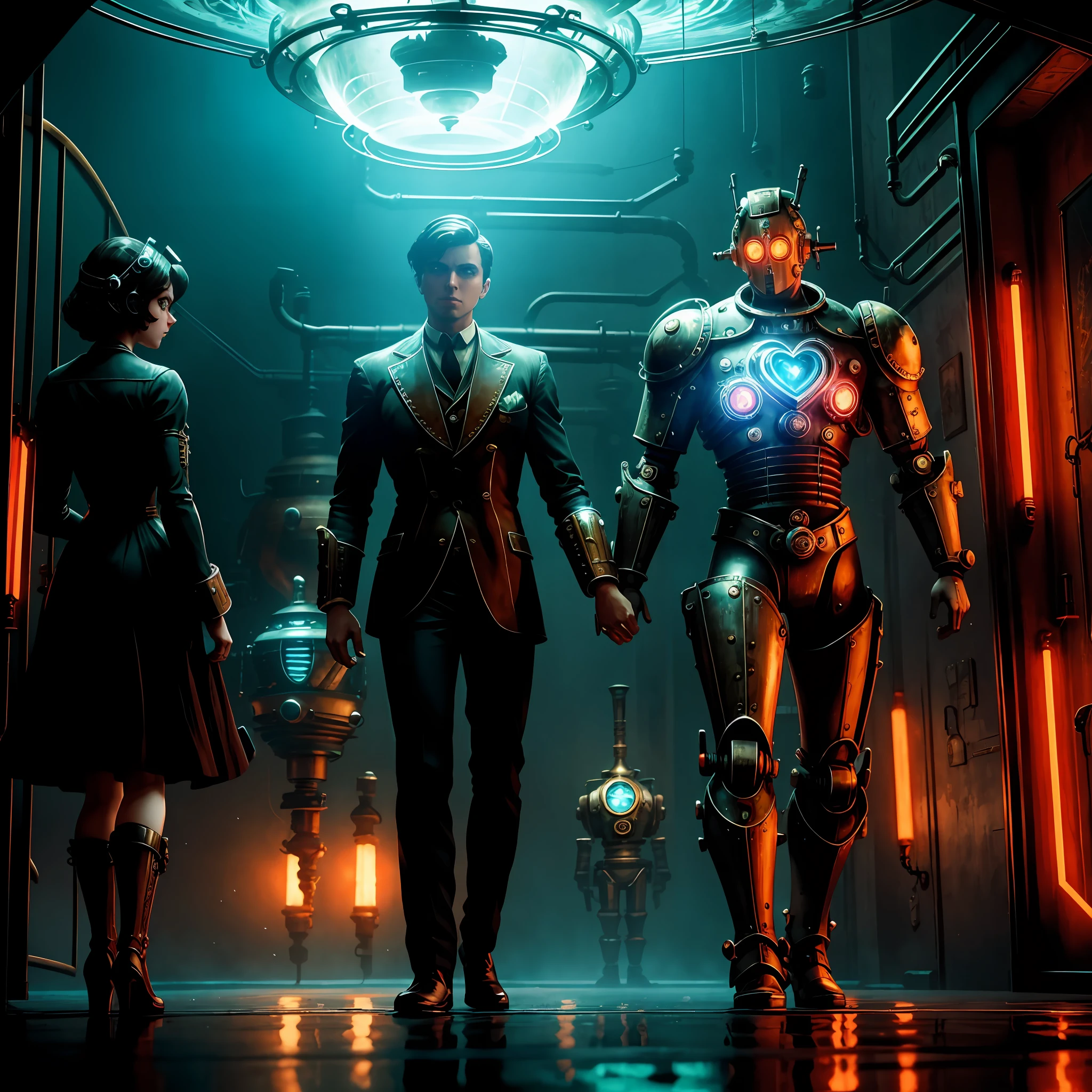 A masterpiece that is similar to Atomic heart interms of character design , robot twins left and right atomic heart, Bioshock atmosphere underwater and inovative and steampunk, various scenes ,Avant-garde, innovative, advanced, innovatory, original, experimental, inventive, ahead of the times, thought provoking, A master piece of art that is of an steam punk alternate universe,characters are in a theatre, theme is similar to BioShock and Atomic Heart. Beauty,balanced ,perfection,well formed limbs,excellent eyes,extreme details ,reflections, HDR ,oled , pastel colours, beautiful lines.