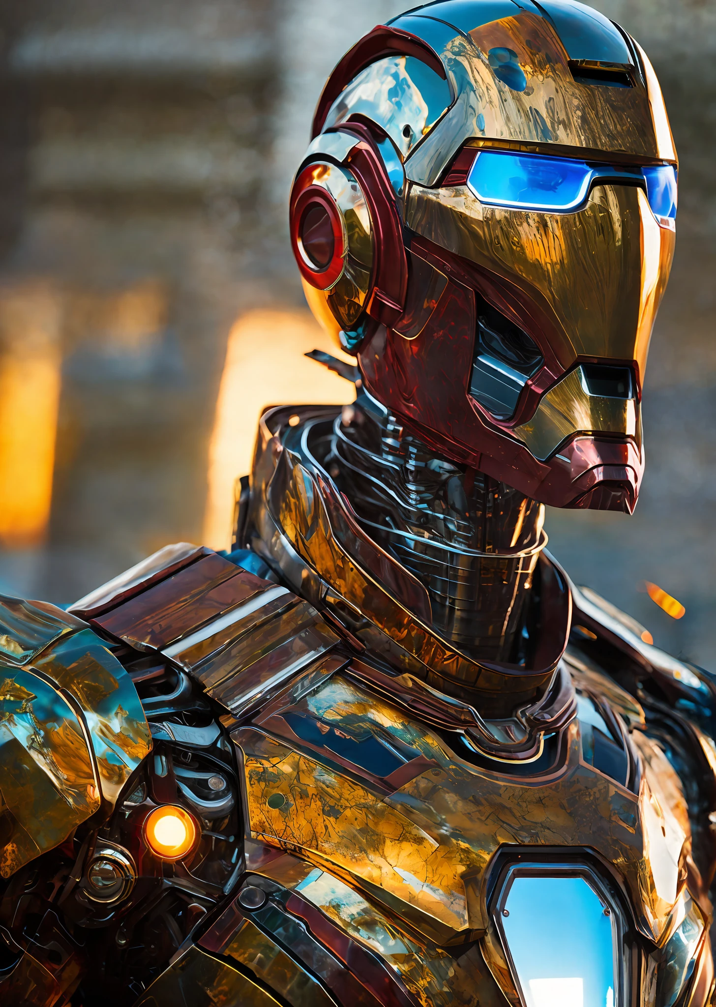 Portrait photo of transparent camouflaged mechanical iron man costume, ((light bokeh)), complex, (liquid water (translucent) [rust]), sharp and elegant focus, photo by greg rutkowski, soft lighting, vibrant colors, masterpiece, ((streets)), detailed face