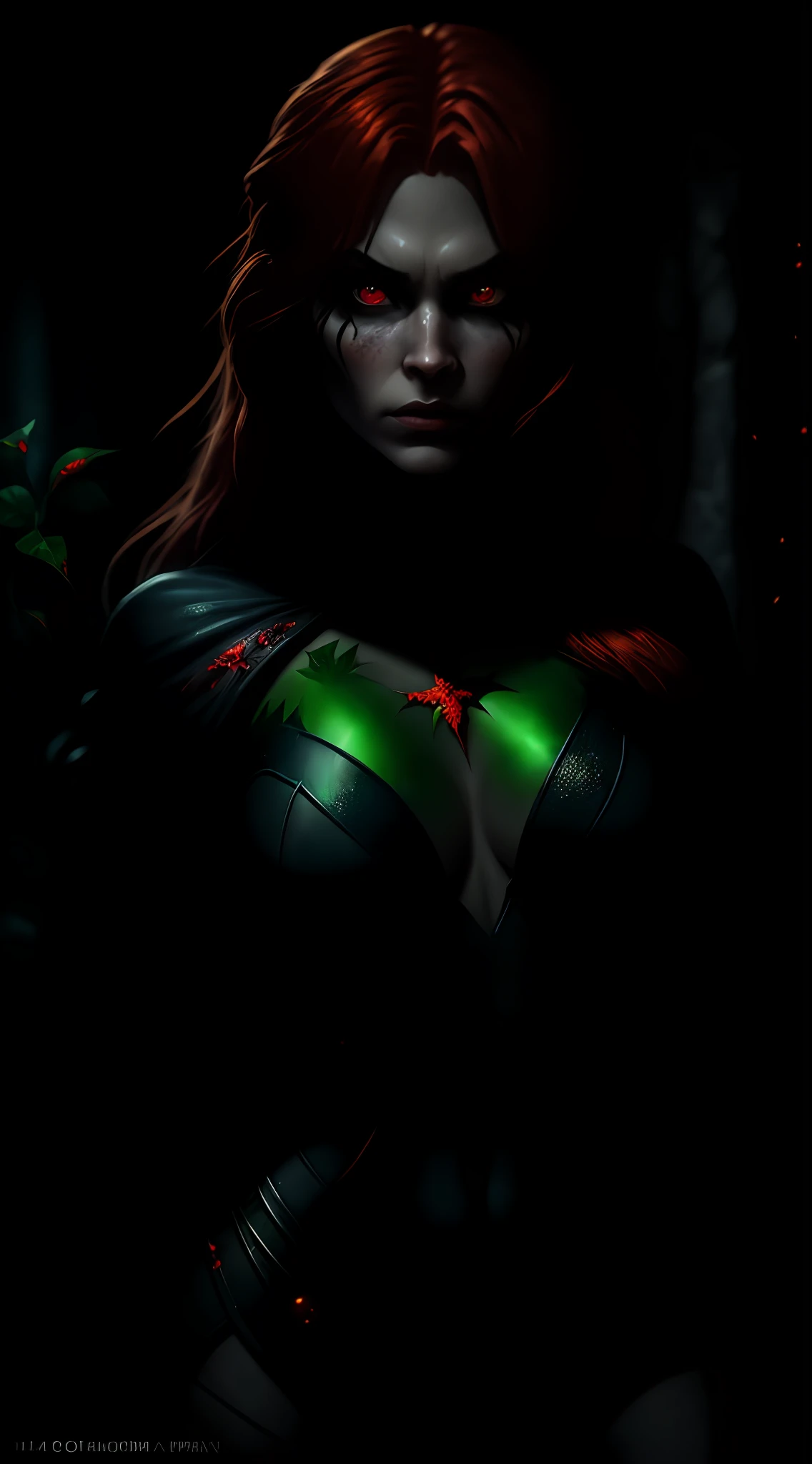 (dark shot: 1.1), epic realistic, Poison Ivy in the dark with glowing red eyes and glowing cape, soft cinematic light, Adobe Lightroom, darkroom, HDR, intricate, highly detailed, (depth of field: 1.4), hyper-detail (artstation: 1.4), cinematic, warm light, dramatic light (complex details: 1.1)