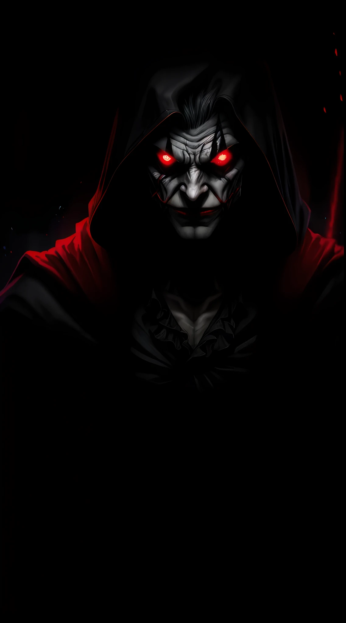 (dark shot: 1.1), epic realistic, Joker in the dark with glowing red eyes and glowing cape, soft cinematic light, Adobe Lightroom, darkroom, HDR, intricate, highly detailed, (depth of field: 1.4), hyper-detail (artstation: 1.4), cinematic, warm light, dramatic light (complex details: 1.1)