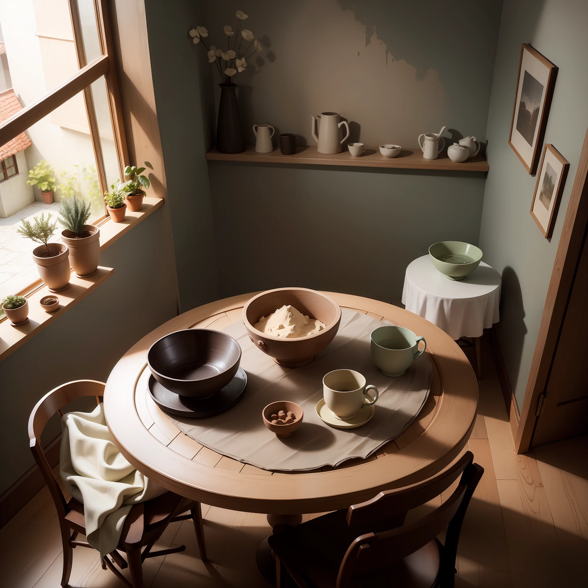 a clay bowl, artwork, simple house, simple table
