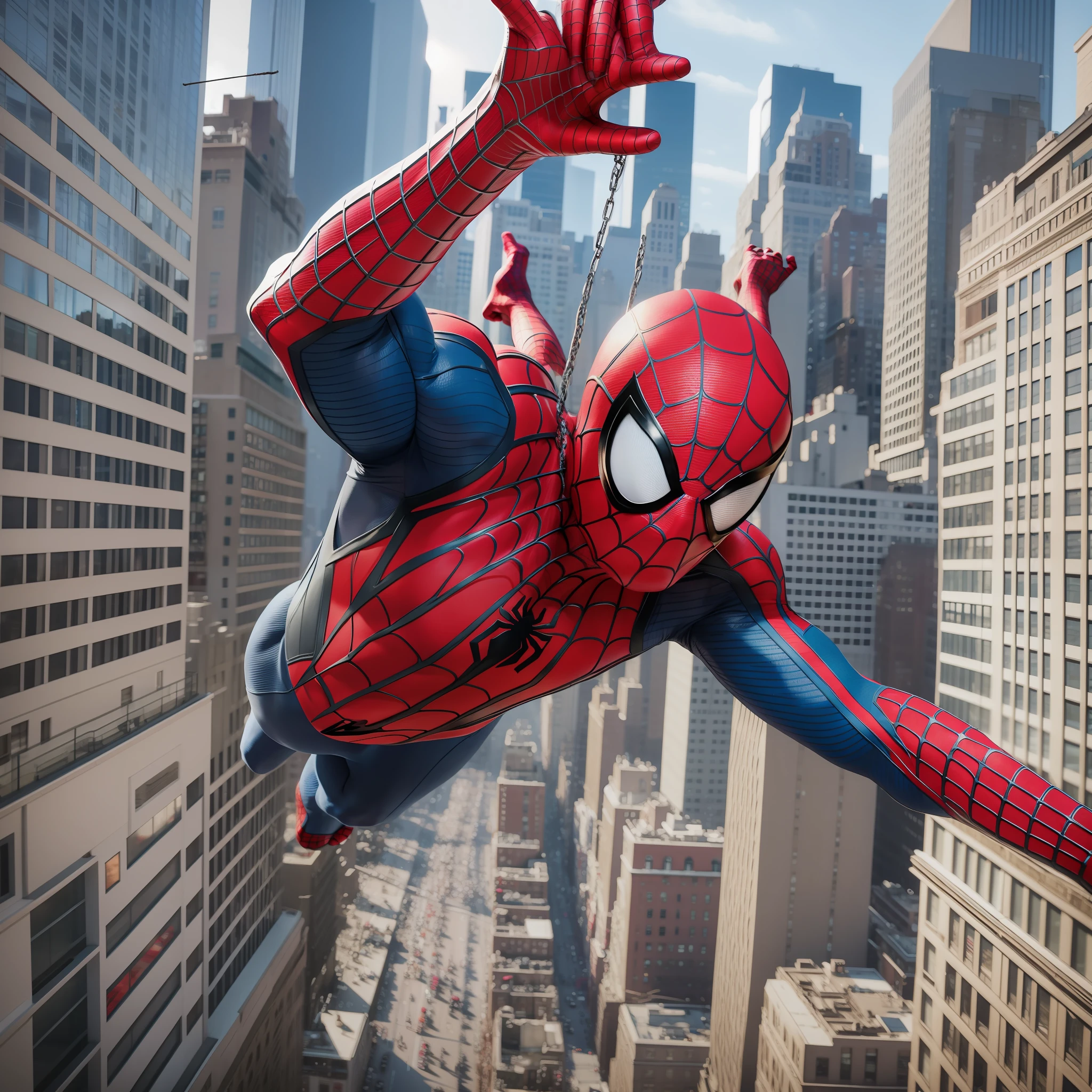 spider man swinging through New York photorealistic, ultra detailed, 8K, realistic